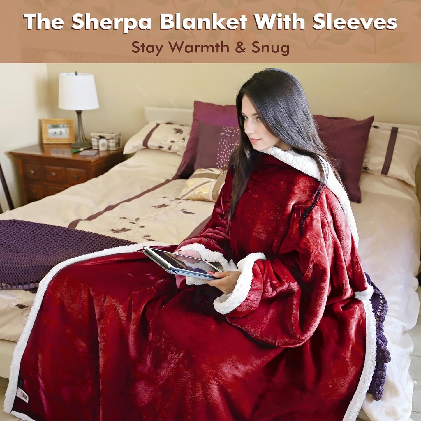 Tirrinia Sherpa Wearable Blanket With Sleeves, Full Body Throw Reading Wrap TV Blankets