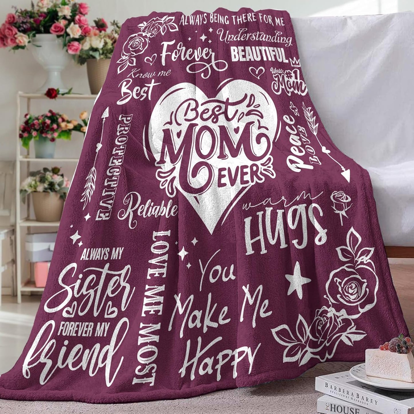 Gift for Mom from Daughter Son Flannel Throw Blanket, for Mama, Birthday Ideas, Best Mom Ever Present for Women, Love Heart Soft Bedding Sofa Blankets 50x60 in