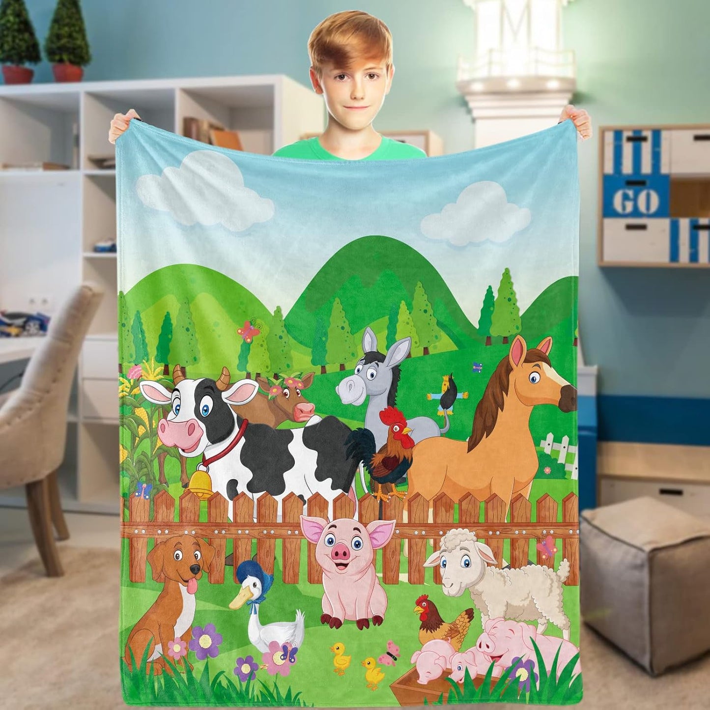 Farm Animal Throw Blanket, Cute Farm Animal Blanket for Kids, Soft Cozy Flannel Farm Dog Pig Lamb Hen Horse Cow Blankets, Fluffy Fleece Cartoon Animal Blanket for Teenagers Girl Boy Gifts, 50x60 Inch