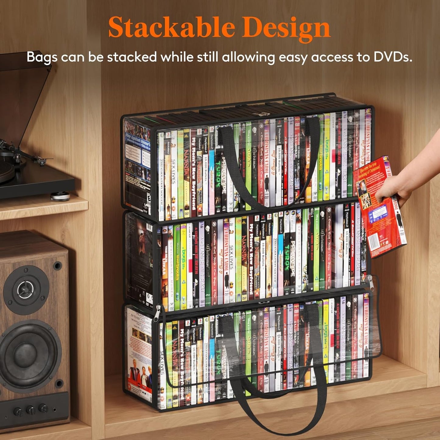 Lifewit DVD Storage Bags, Clear PVC DVD Case Holder with Handles, Front Window Zipper Design, Stackable Media Organizer for Blu Ray Disc, Movie Cases, VHS Box, Hold 140 Pcs DVDs (35 Each), 4 Pack