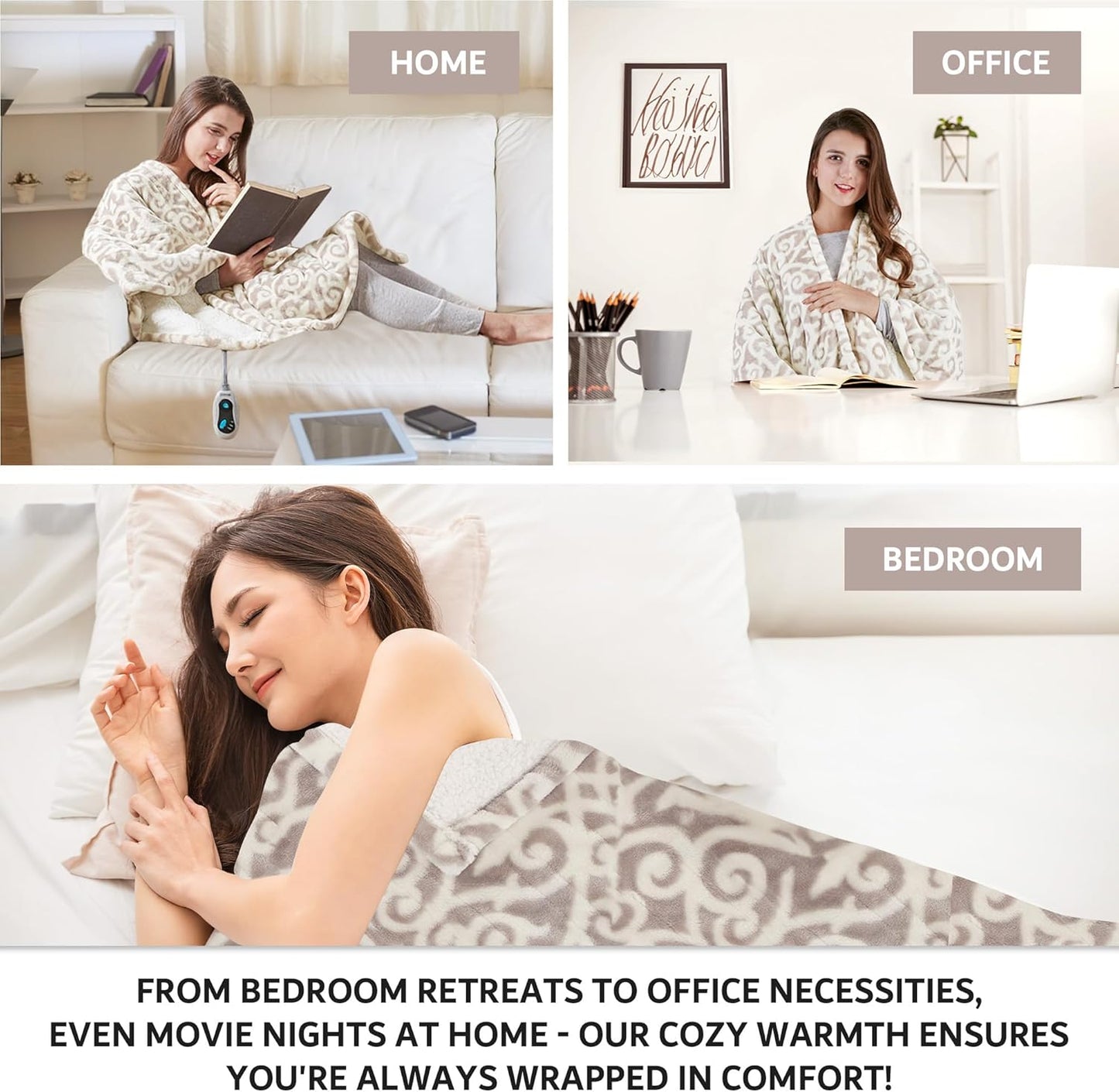Beautyrest Wearable Electric Poncho Wrap Blanket, Ultra Soft Sherpa & Berber Fleece Heated Throw, UL Certified & Oeko-TEX, 3 Heat Settings & 2 Hour Auto Shutoff, Gift-Ready, 50" x 64", Grey Lattice