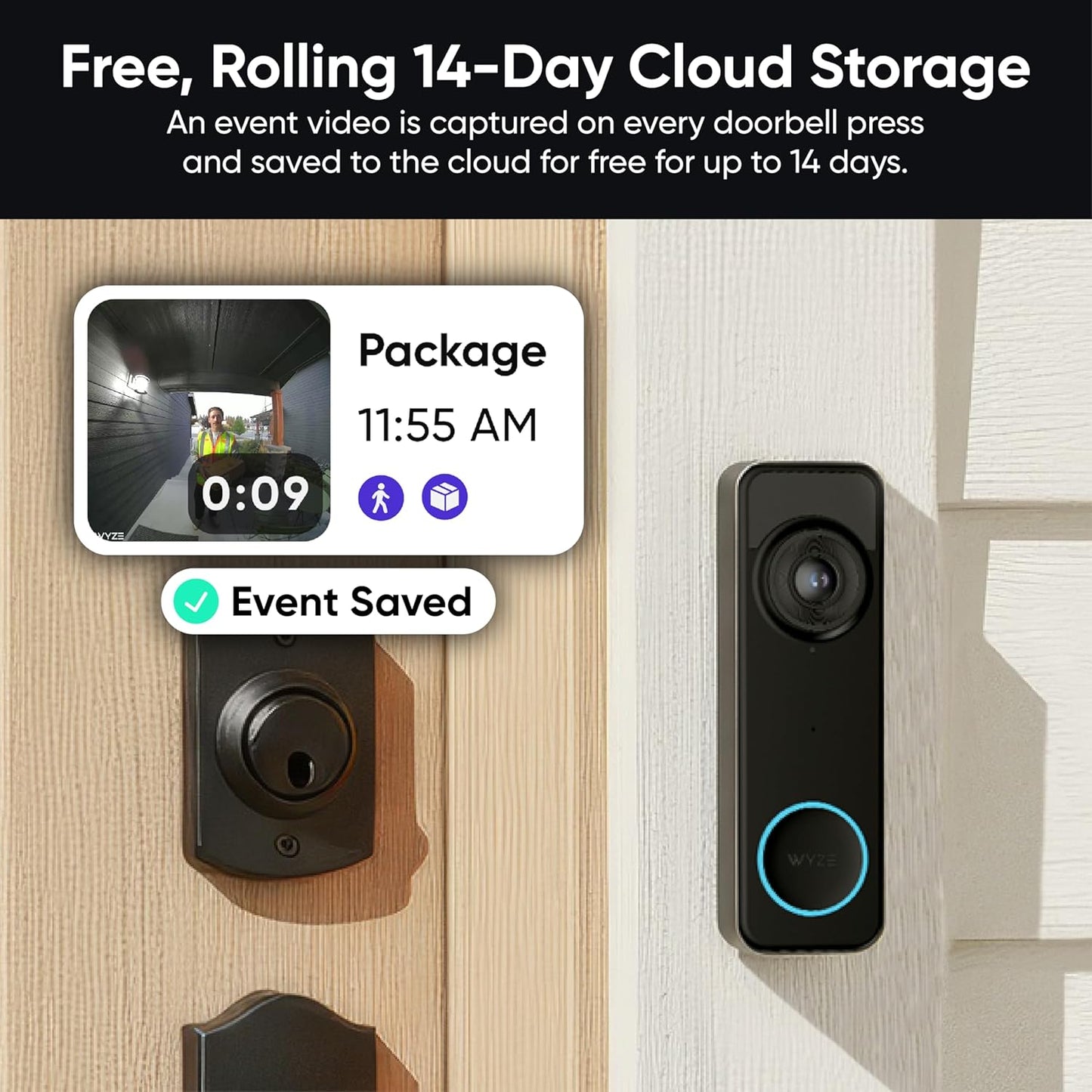 Wyze Battery Video Doorbell Wireless Camera, 1536x1536 HD+ with Color Night Vision, 2-Way Audio, 1:1 Head-to-Toe View, Person/Vehicle/Package Monitor, Wire-Free/Wired Option, 1 Minute Easy Setup