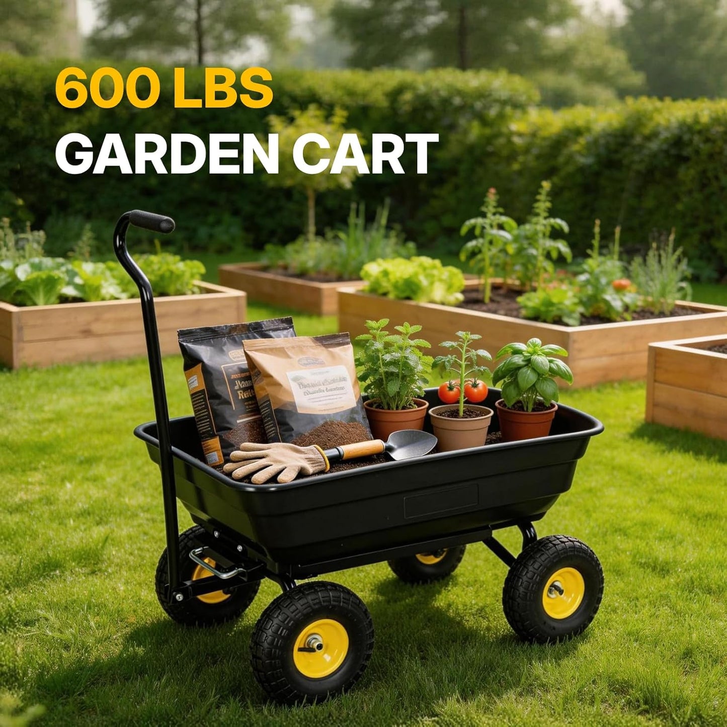 Heavy Duty Garden Dump Cart - 600lbs Load Capacity, 10" All-Terrain Wheels, Quick-Release System, Durable Poly Bed, 180° Rotating Handle, Yard Cart for Landscaping, Farm, and Outdoor Work