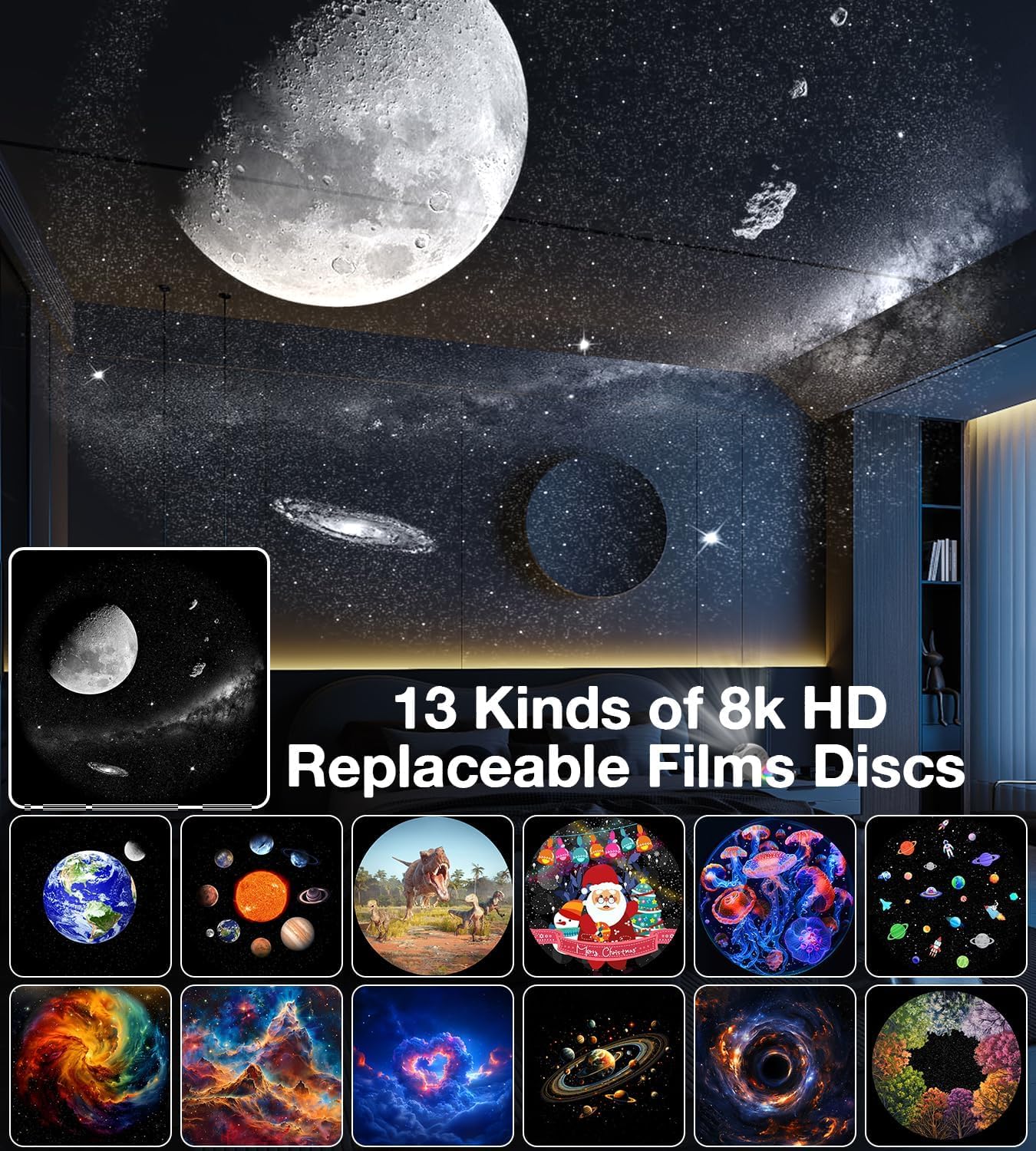 Galaxy Projector for Bedroom,4K Image Planetarium Projector Adjustable Knob,13 in 1 Kids Night Light Projector with Built-in Speaker & White Noise,360° Rotating with Remote Timer (White)