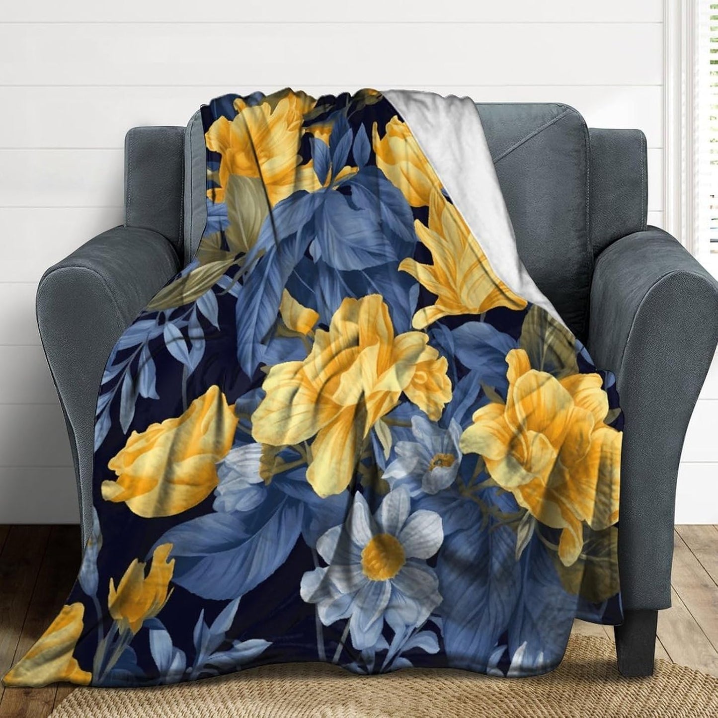 Blue Base Yellow Floral Blanket Chunky Fluffy Fuzzy Bed Blankets Cozy Soft Warm Winter Blankets Anti-Pilling Flannel Throw Blanket for Couch Living Room Bedroom Multiple Size