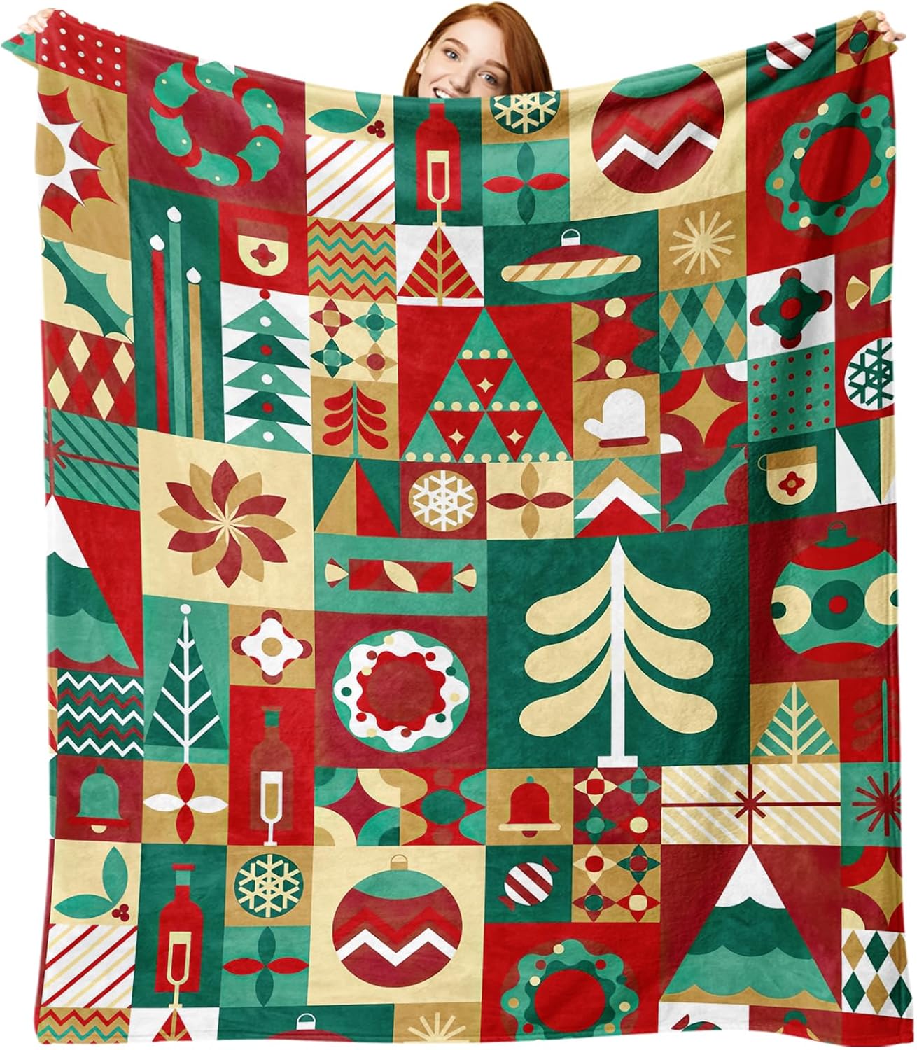 Christmas Geometric Flannel Throw Blanket, Colorful Xmas Tree Balls Wreath Birthday Gifts for Kids Men Women, Winter Holiday Soft Blankets for Bedding Sofa 50 x 60 Inches