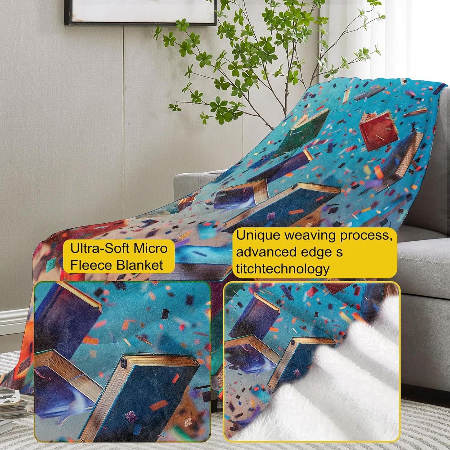 Book Blanket,Reading Flannel Throw Blankets,Soft Warm Lightweight Cozy Plush Throws for Bedroom Sofa Home Decor Graduation Gifts for Book Lovers Women Girls 50"x60"