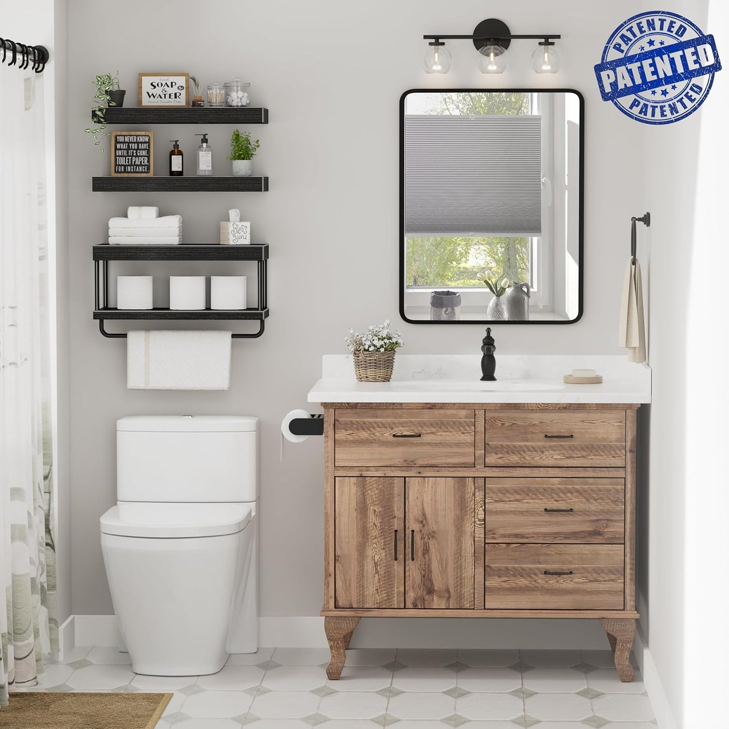 QEEIG Bathroom Floating Shelves Over Toilet - Wall Mounted Shelf Toilet Paper Storage Farmhouse 16 inch Set of 3, Black (027-40B3)