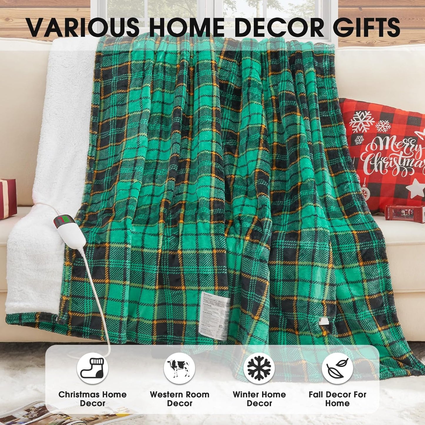 OCTROT Heated Blanket Electric Full Size 72X84, Heating Throw with 10 Heating Levels & 8 Hours Auto Off, Checkered Plaid Sherpa Blanket Warmer for Adults, Fast Heat and Washable, in Purple