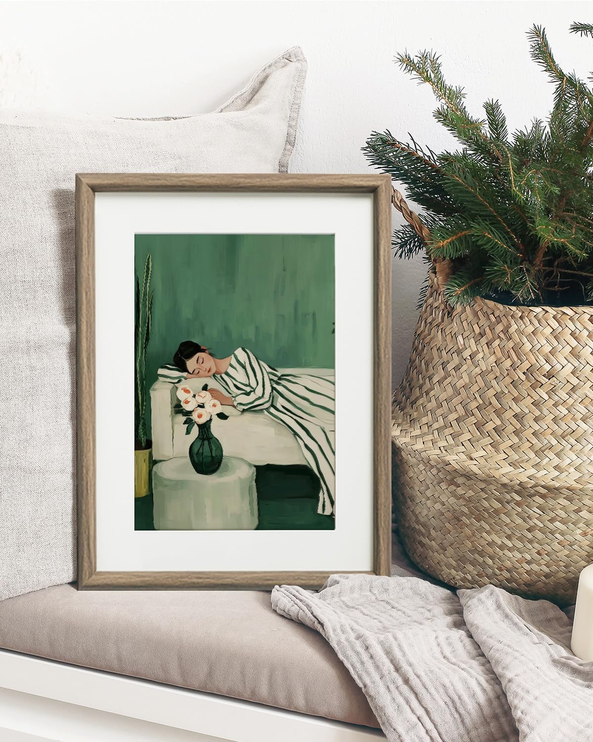 ARPEOTCY Framed Canvas Wall Art, 11x14 Inch Minimalist Woman Resting on Bed Print, Modern Green Aesthetic Wall Decor for Bedroom or Living Room