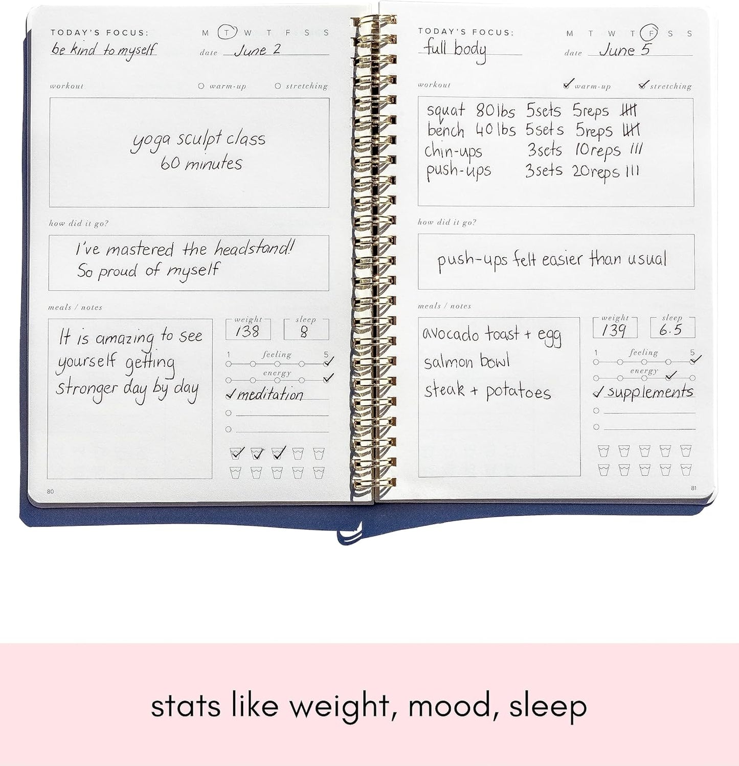 Kunitsa Co. Fitness Journal for Women - Track Workouts, Meals, and Weight Loss, Undated, Fits 120 Workouts, Dusty Blue, 6 x 8.5 Inches