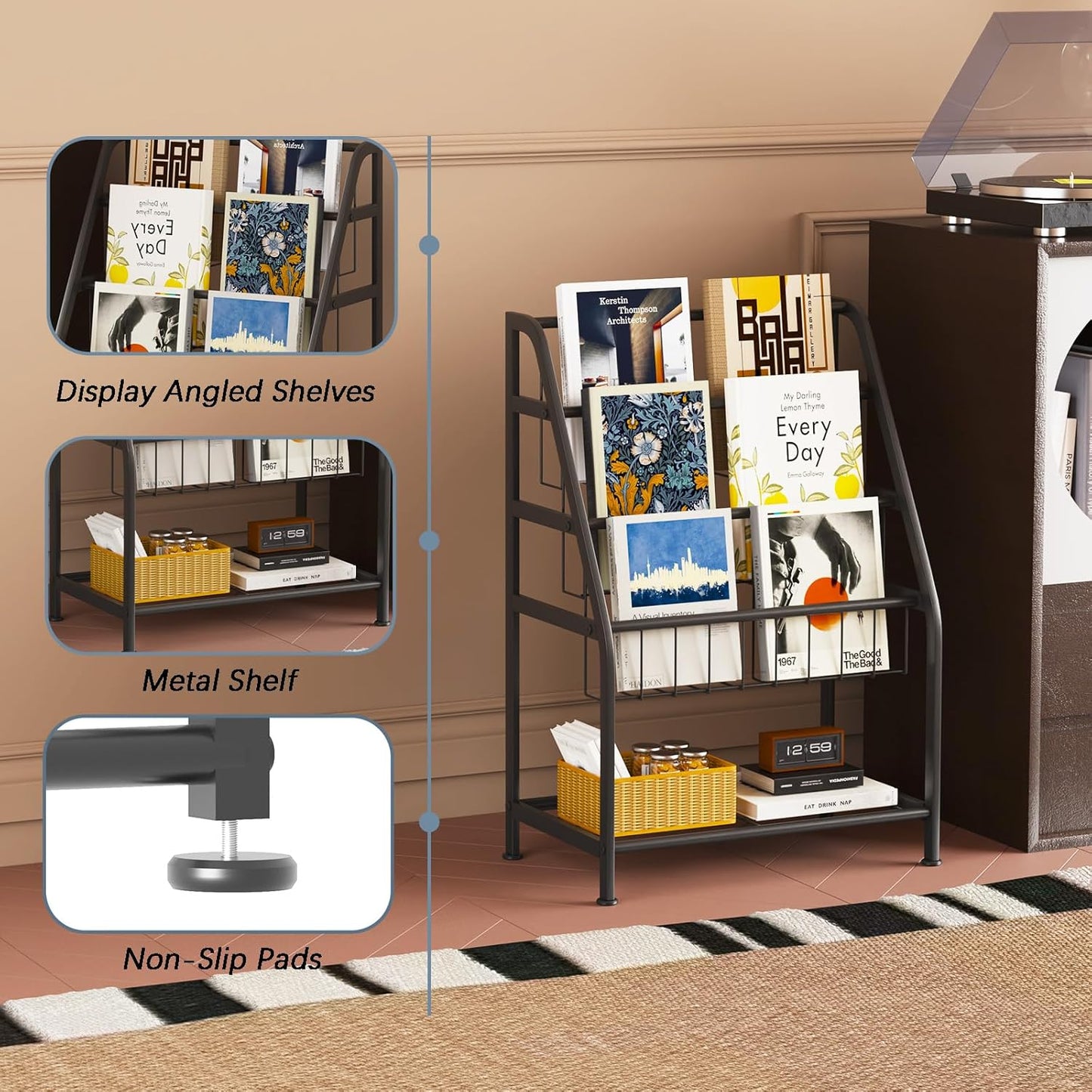 Bookshelf Small Metal for Storage 9.8" D x 17.7" W x 25.6" H, Short Book Shelf for Display and Storage, Ladder Bookcase for Home Office, Black