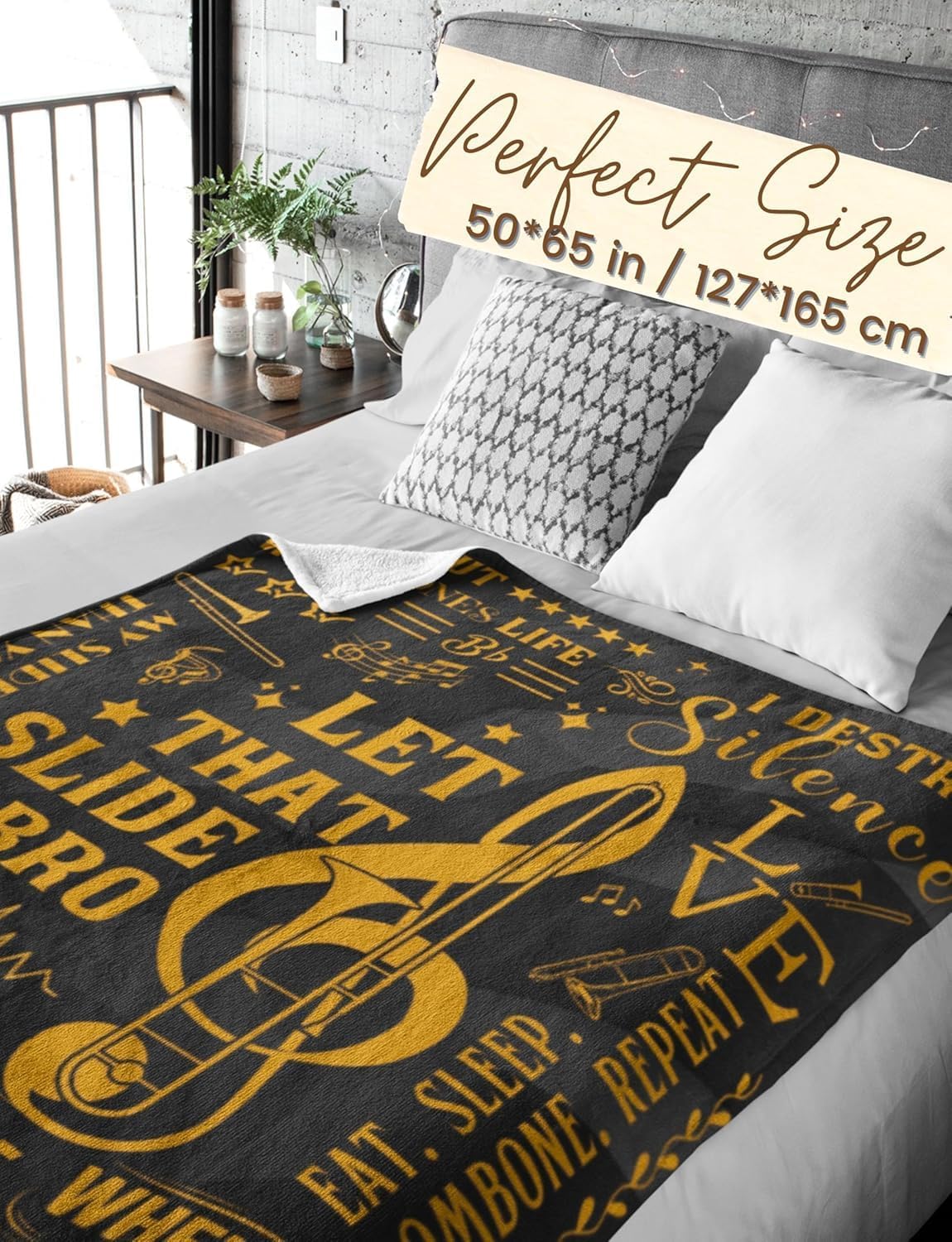 Trombone Gifts for Trombonist, Bed Flannel Plush Throw Blankets for Birthday, Christmas, Black