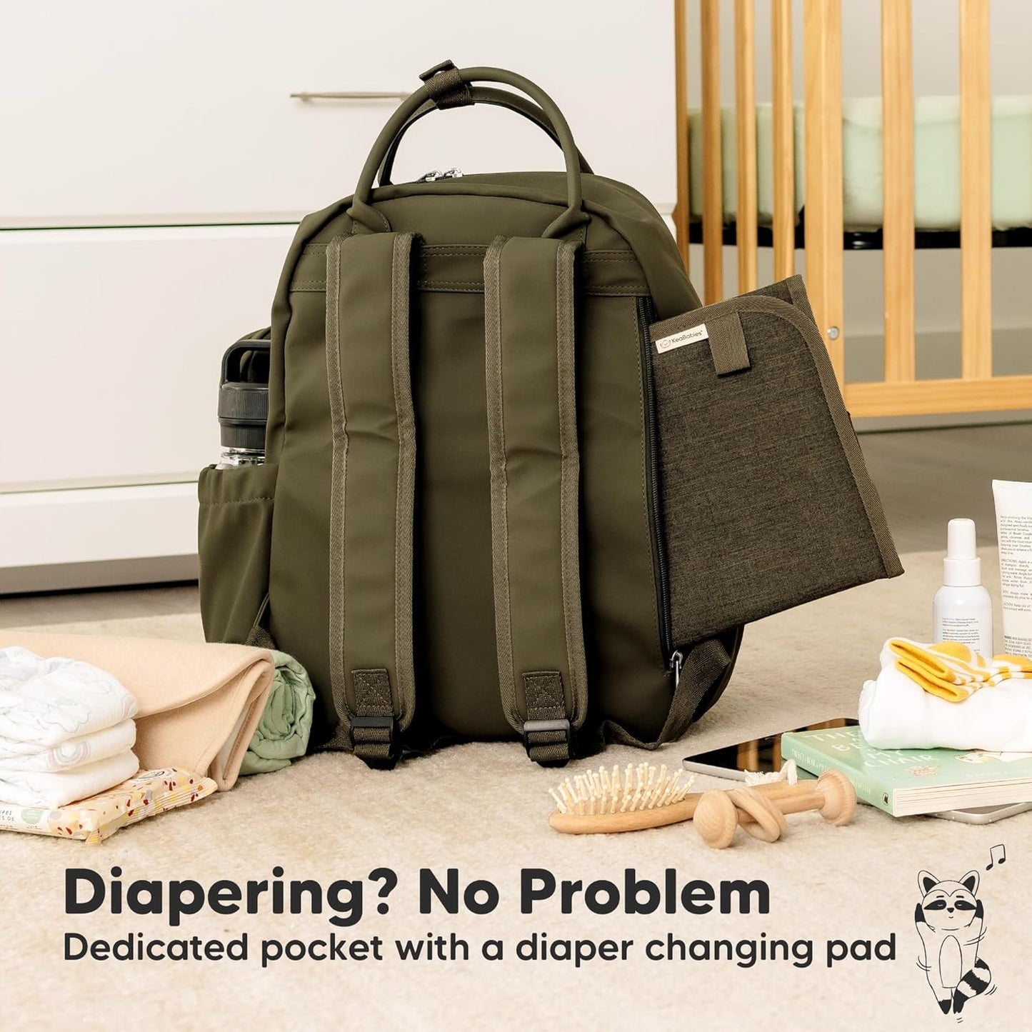 KeaBabies Diaper Bag Backpack - Multifunctional Travel Diaper Back Packs, Maternity Baby Changing Bags, Compact 18L Capacity, PU Leather, Waterproof, Unisex, Nappy Changing Pad (Dark Olive)