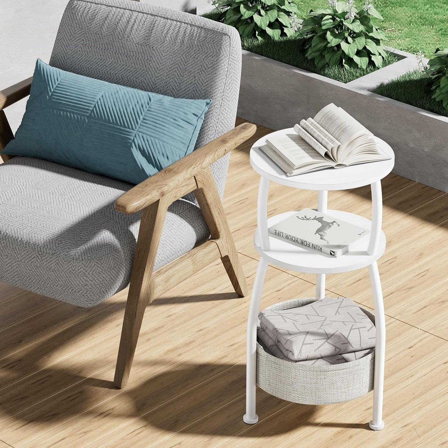 Small Round Side Table for Living Room with Storage Basket –Small Space Saving End Table 3-Tier Nightstand Couch Corner Stand Bedroom, Garden and More 24in Tall Matte White