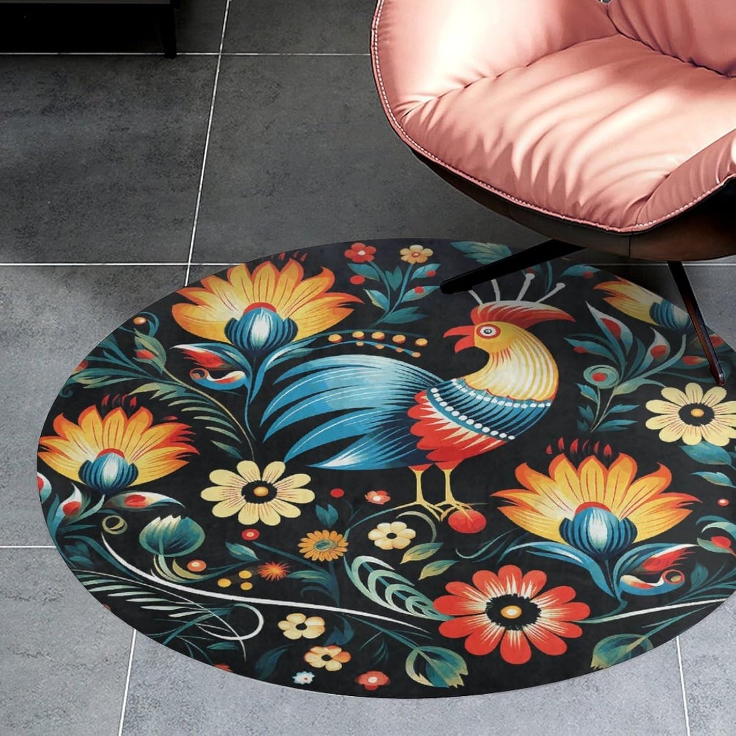 Polish Folk Art Pattern Circle Rug Retro Luxury Coral Velvet Floor Mat Non Slip Soft Indoor Floor Carpet Comfy Thickened Area Rugs Modern Aesthetic Minimalist Carpets for Home Decor