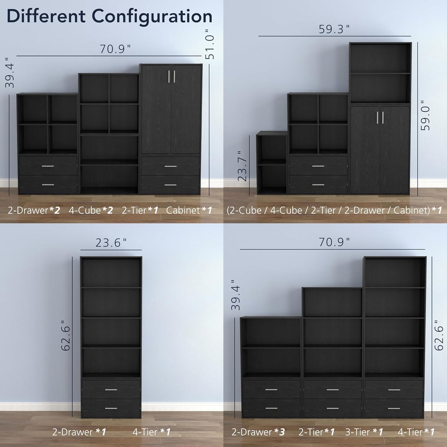 Homes: Inside + Out Apexa 3-Tier Stackable Wood Bookcase with Doors, Cube Storage Organizer Shelves, Small Food Pantry Cabinet, Dorm Teen Room Decor & Bedroom, Home Office, Kitchen, Black