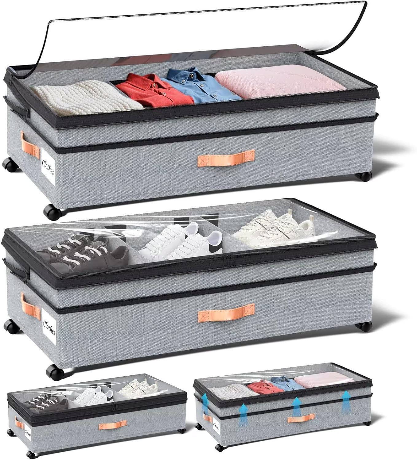 Under Bed Storage with Wheels, 2 Packs XXL Underbed Organizer with Lid, 10'' Adjustable Height Shoes Containers Clothes Rolling Bin for Bedroom Dorm, Grey