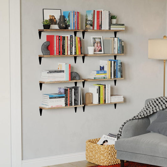 Wallniture Arras Floating Shelves for Wall, 17"x 4.5" Rustic Bookshelf for Living Room Decor, Home Office Bookshelves, Burned Finish Storage Shelf Set of 8