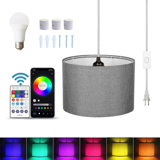 15FT Plug in Pendant Light, Hanging Lamp with Switch,Gray Hanging Lights with Plug in Cord, Pendant Lamp with Remote Control，Pendant Light Fixture for Living Room Bedroom Farmhouse
