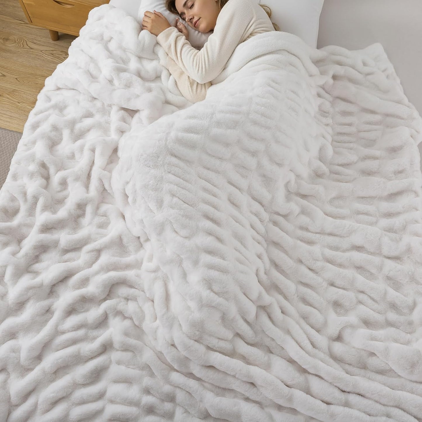 WDCOZY Ruched Faux Fur Throw Blanket Soft Cozy Fluffy Luxurious Blankets Couch Bed Sofa Chair Home Decor Warm Furry Fall Winter Plush Rabbit Fur Bubble Blanket 50" x 60", Ivory Cream White