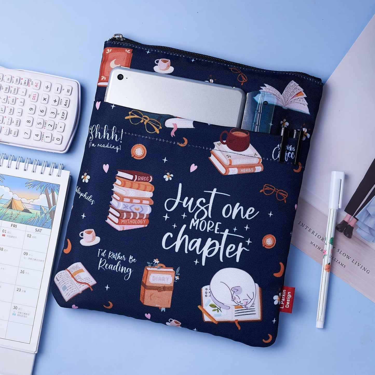 Just One More Chapter - Waterproof Book Sleeve with Zipper & Front Pocket | 11x8.5 Inch Canvas Book Cover Protector | Perfect Book Lovers Gift for Travel