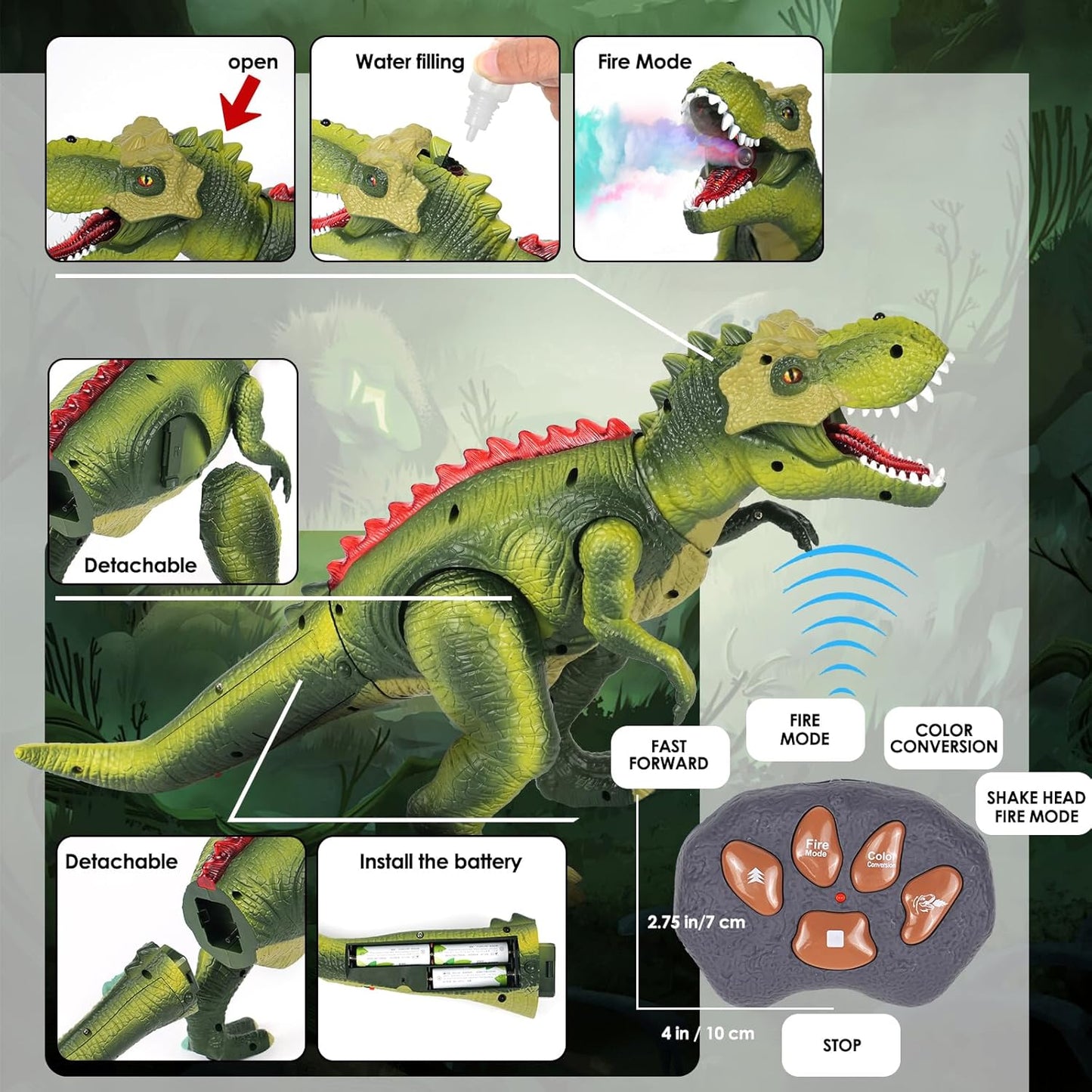 Remote Control Dinosaur Toys for Kids 3-5-7, Upgraded T Rex Dinosaur Toys with Changing Light, 7 Color Spray & Realistic Roars, RC Walking Dinosaur Robot 4-7, Birthday Gifts Toys for Kids Boys 3+