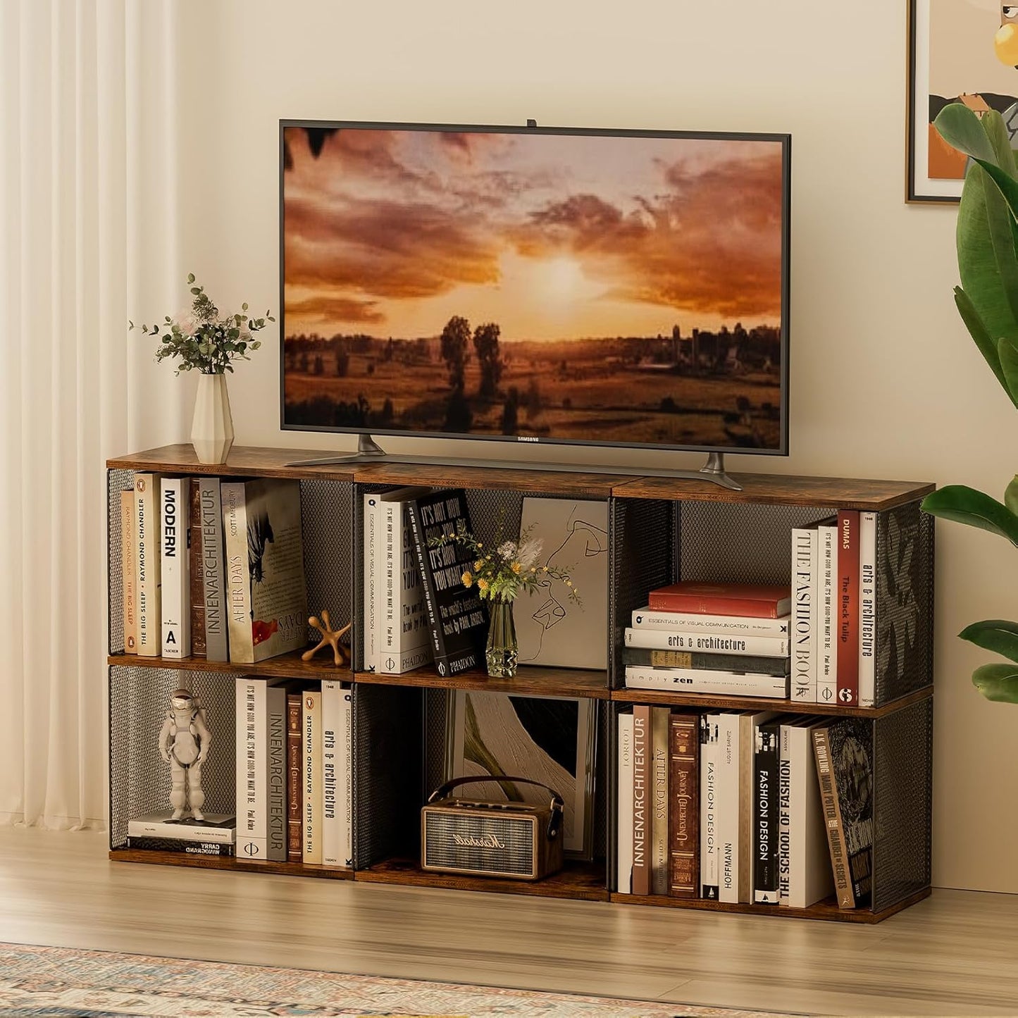 Small Bookshelf 2 Tiers Bookshelf for Small Spaces DIY Variable Stackable Cube Storage Organizer for Kid Bedroom,Living Room, Black Brown Wooden,2 Tiers Non-Detachable