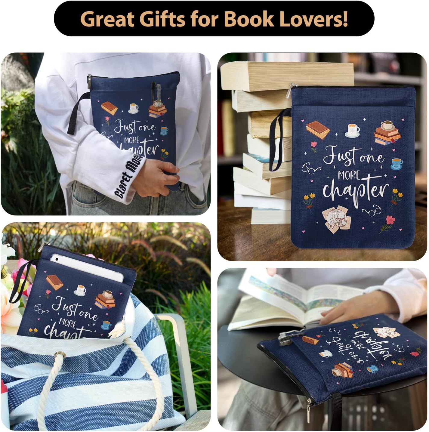 Just One More Chapter Book Cover for Book Lovers Students with Zipper & Handle, Book Sleeve Gifts for Bookish Book Club Bookworm Birthday Graduation Reading Day