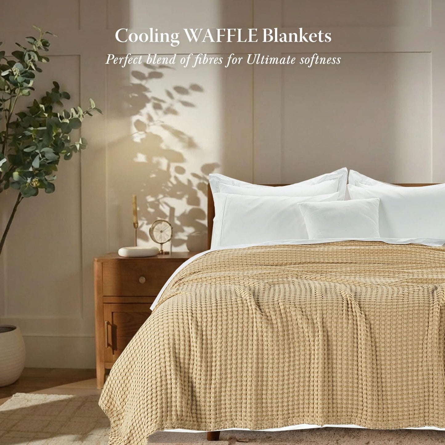 Threadmill Cooling Waffle Blanket King Size | Breathable, Lightweight and Cooling | Made from Rayon Derived from Bamboo | Waffle Throw Blanket for Couch and Sofa | 106 x 92 Inches | Beige