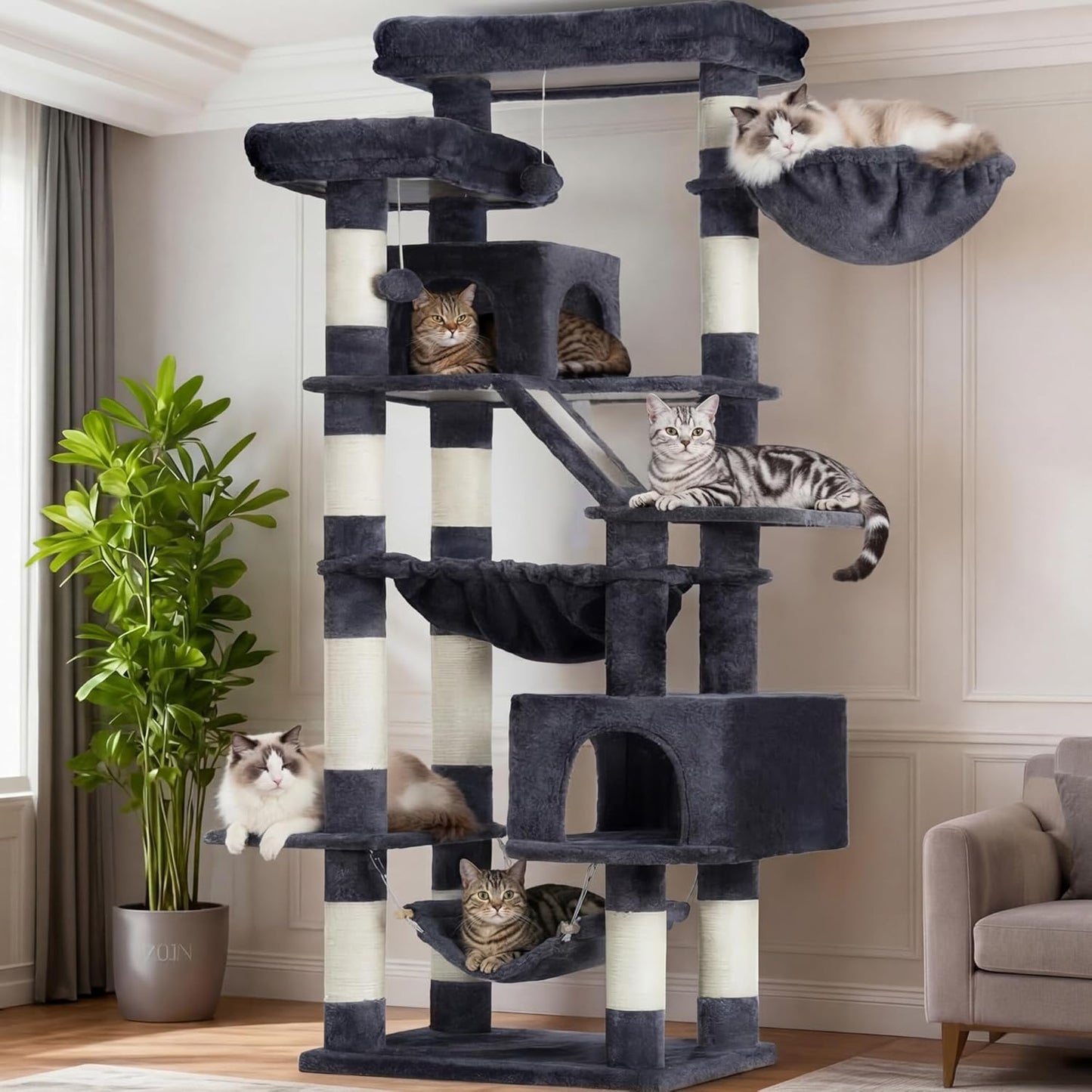 Heybly Cat Tree, 71-Inch-Tall Tower for Indoor Cats with 2 Perches, 2 Big Condos, 2 Hammocks, Basket, Scratching Pad, Large Cat Furniture and Condo, Smoky Gray HCT034G