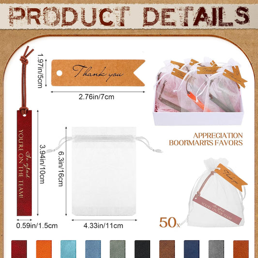 Kosiz Set of 50 Thank You Gifts Leather Bookmark Bulk Employee Appreciation Gifts Inspirational Leather Page Markers with Thank You Tag Organza Bag for Nurse Teacher Book Lovers Book Club