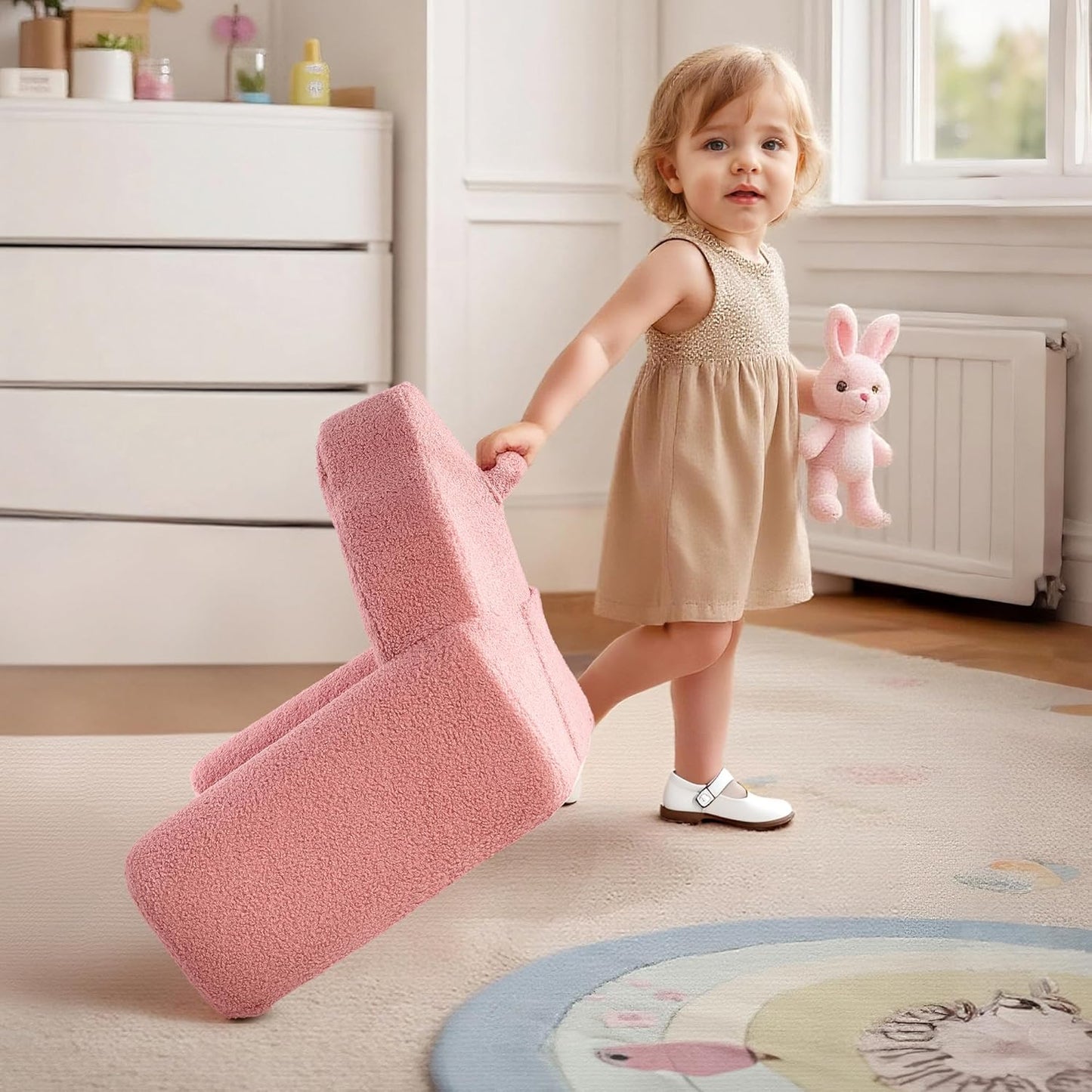 ROBUD Toddler Chair, Comfy Kids Sofa with Teddy Fleece, High Resilience Sponge, and Hidden Storage Pocket, Toddler Couch with Princess Style Design, Kids Couch for Boys and Girls, Pink