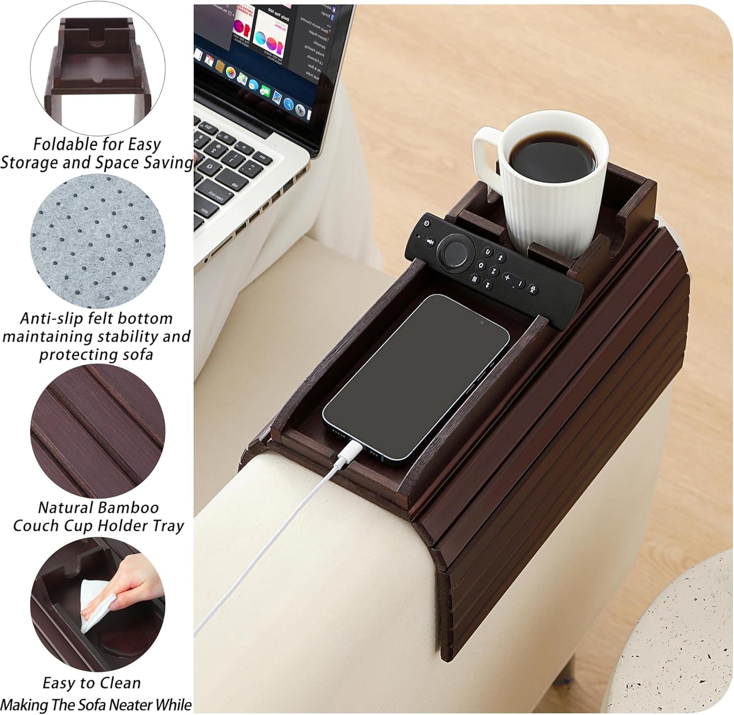 Bamboo Couch Cup Holder Arm Tray Table，Foldable Couch Drink Holder Armrest Table，Sofa Arm Rest Tray，Flexible Arm Chair Table Recliners for Drink,Cups, Snacks, Phone, Remote (Mahogany)