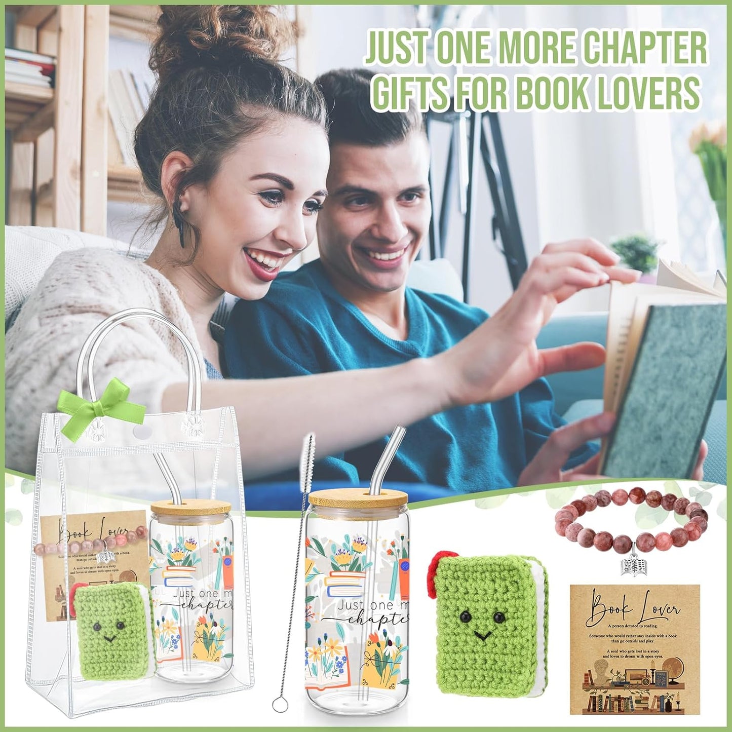 Roshtia 6 Pcs National Reading Month Librarian Gifts Book Lover Gift Glass Cup with Lid and Straw Crocheted Book Doll Bracelet Card for Women Reader Bookish Librarian Bookworm Birthday Gifts