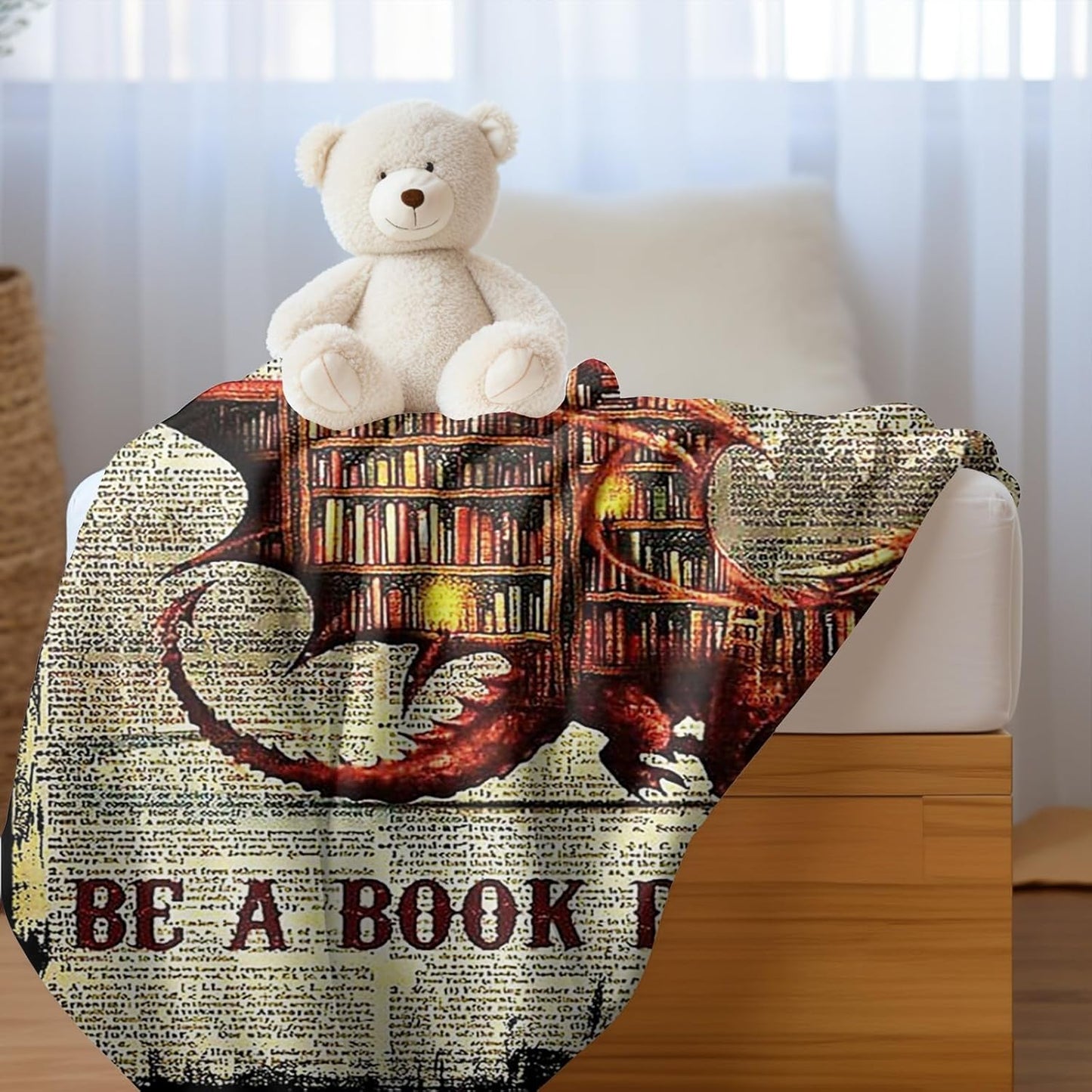 Book Dragon Fleece Blanket Cozy Throw for Book Lovers, Vintage Dragon Design on Text Background, Warm and Soft Reading Blanket for Home, Couch, or Bed (L80 xW60)