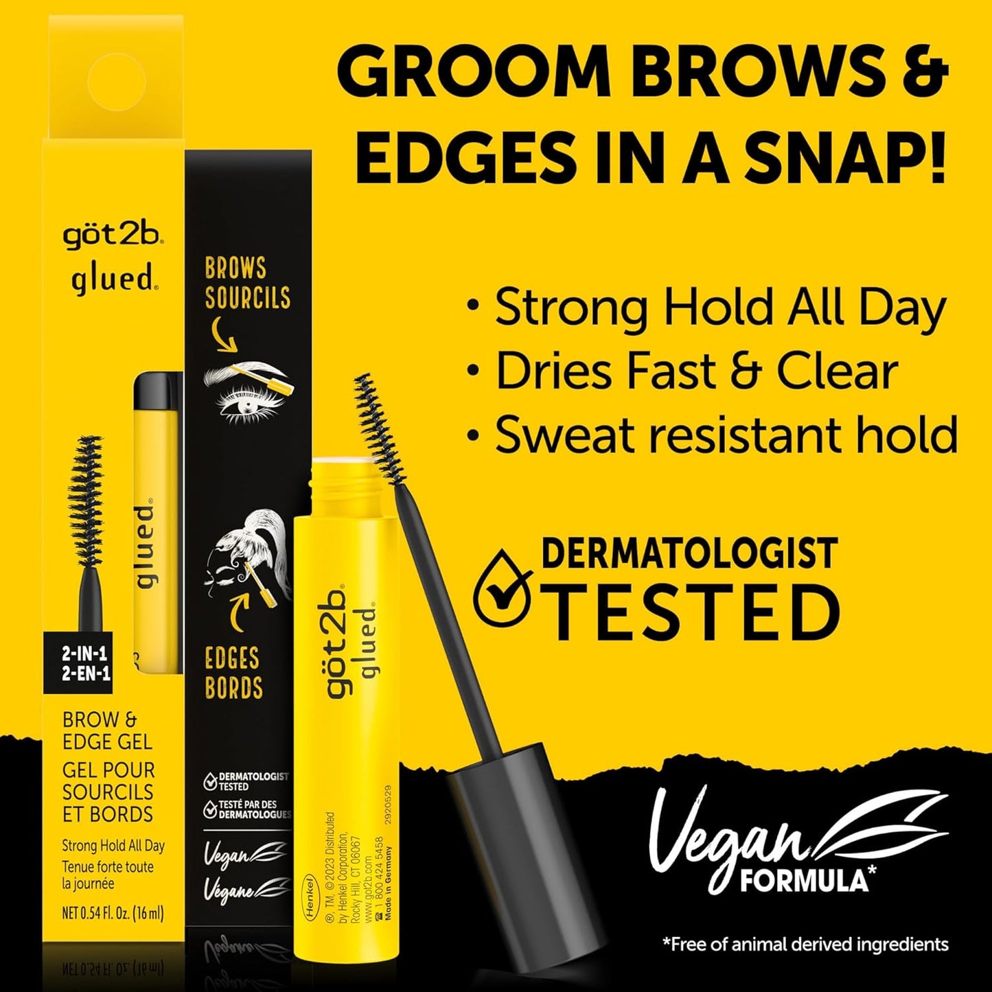 got2b Glued 2-in-1 Brow Gel & Edge Control, 0.54 Fl Oz, Strong Hold Styling Eyebrow Gel and Hair Mascara for Flyaways and Frizz with Castor Oil, Sweat-Resistant with Quick Dry, Clear Finish