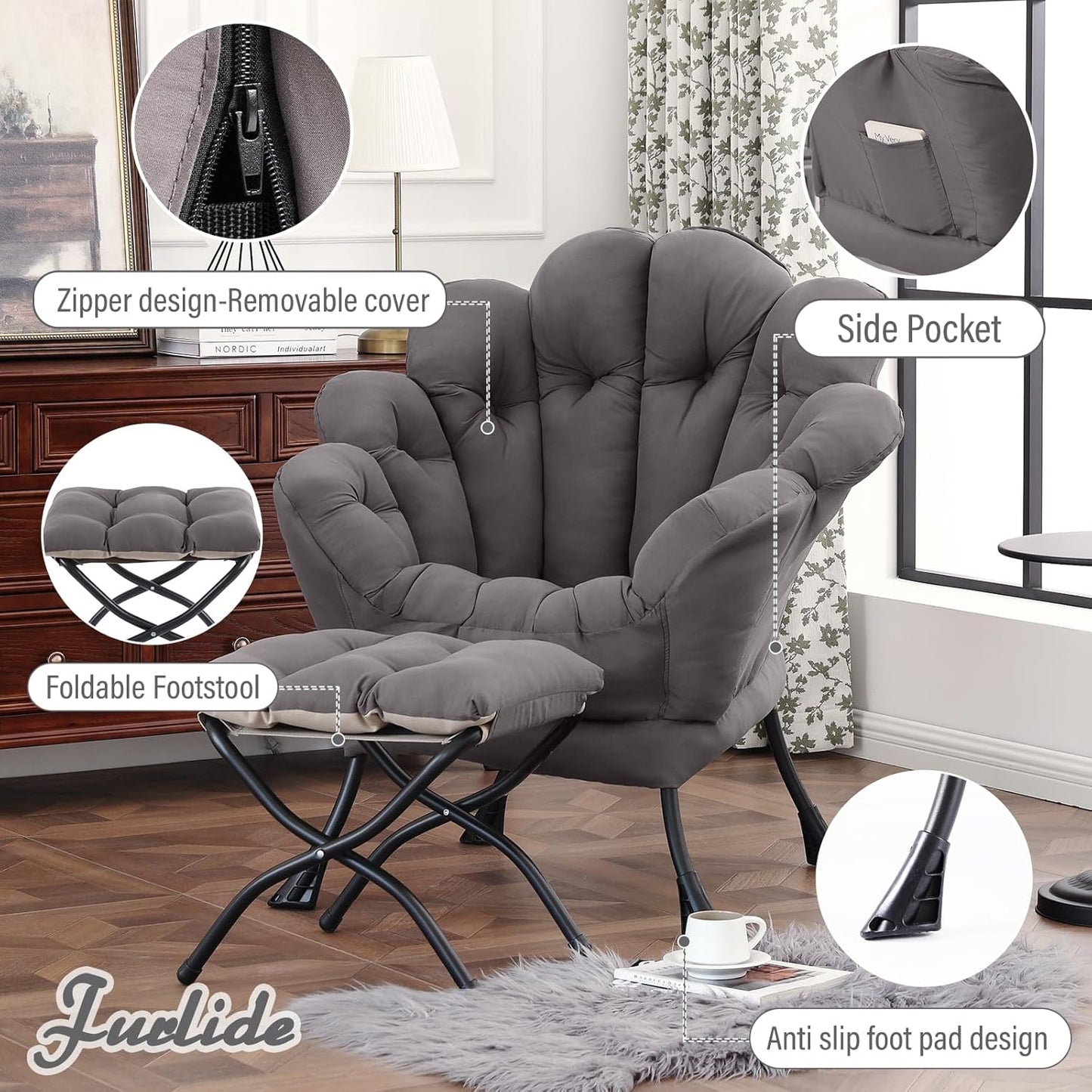Lazy Chair with Ottoman, Modern Floral Reading Chair with Folding Footrest, Dark Grey Accent Chairs, Comfortable Oversized Armchairs for Bedroom, Living Room, Courtyard