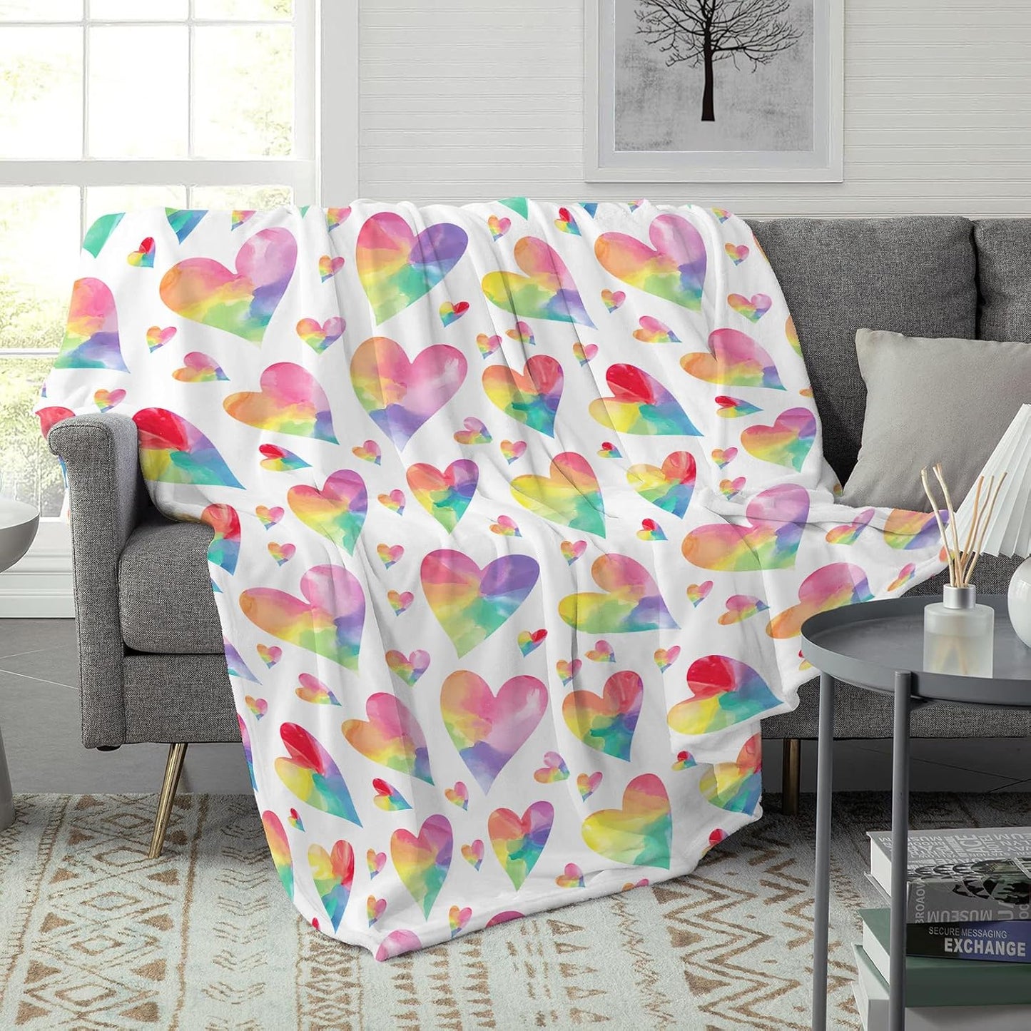 Love Heart Throw Blanket for Couple - Colorful Rainbow Heart Pattern Soft Flannel Fleece 40x50 Inches