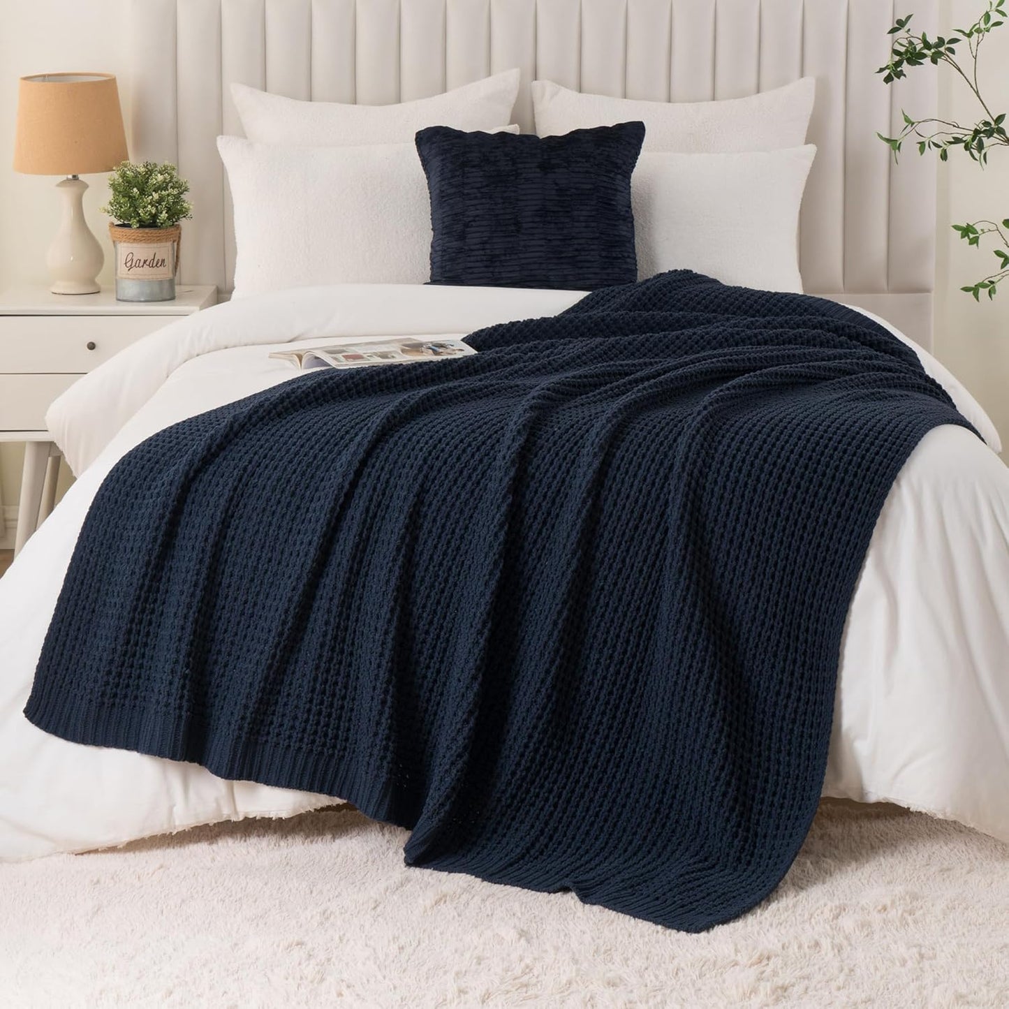 Bunnikins & Clover Navy Blue Throw Blanket for Couch, Knitted Blue Blanket Throw 50''x60'', Super Soft Waffle Navy Throws for Chair Sofa Home Decor
