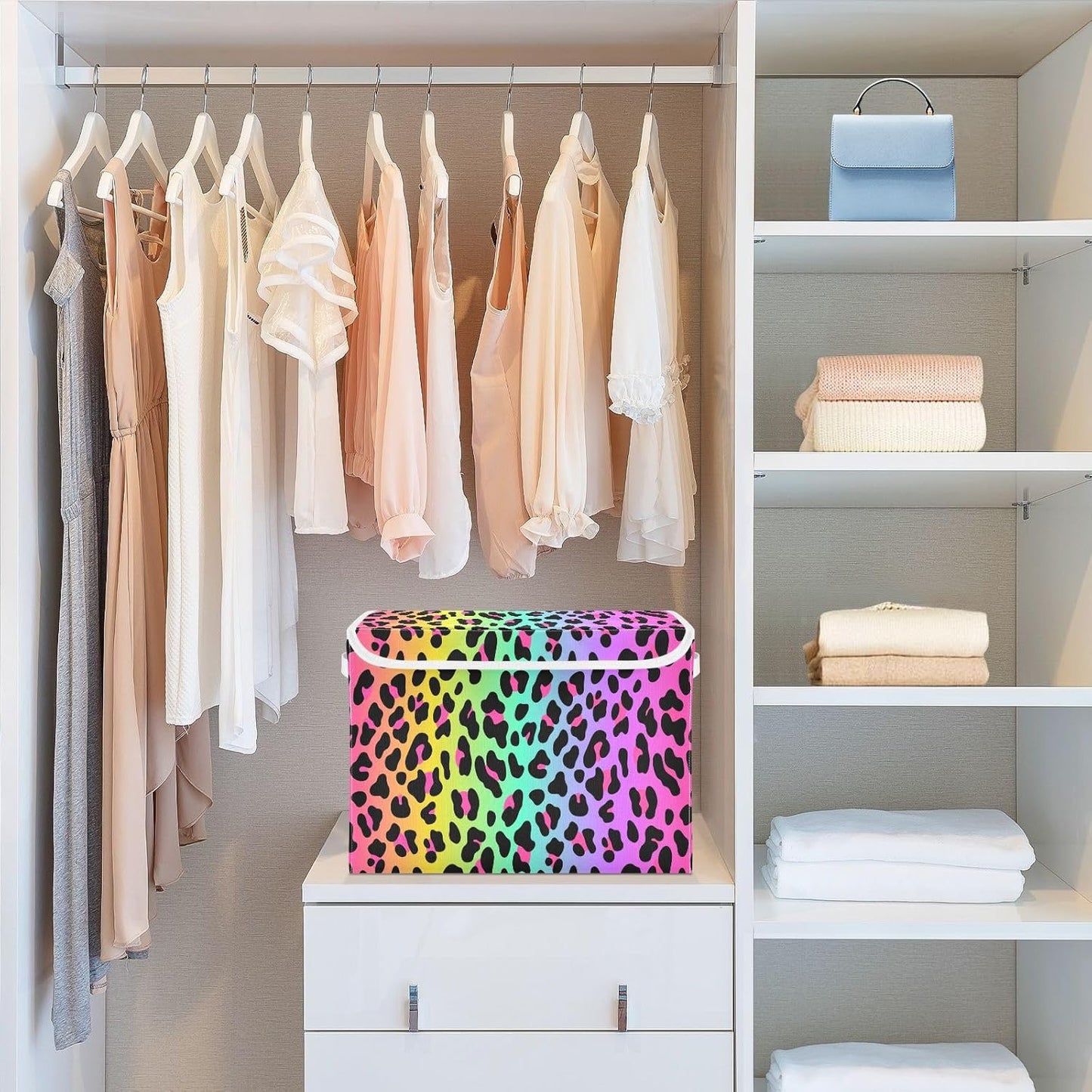 Large Collapsible Storage Bins with Lids, Rainbow Leopard Animal Storage Baskets Organizer Containers with Handles for Nursery Clothes Toys