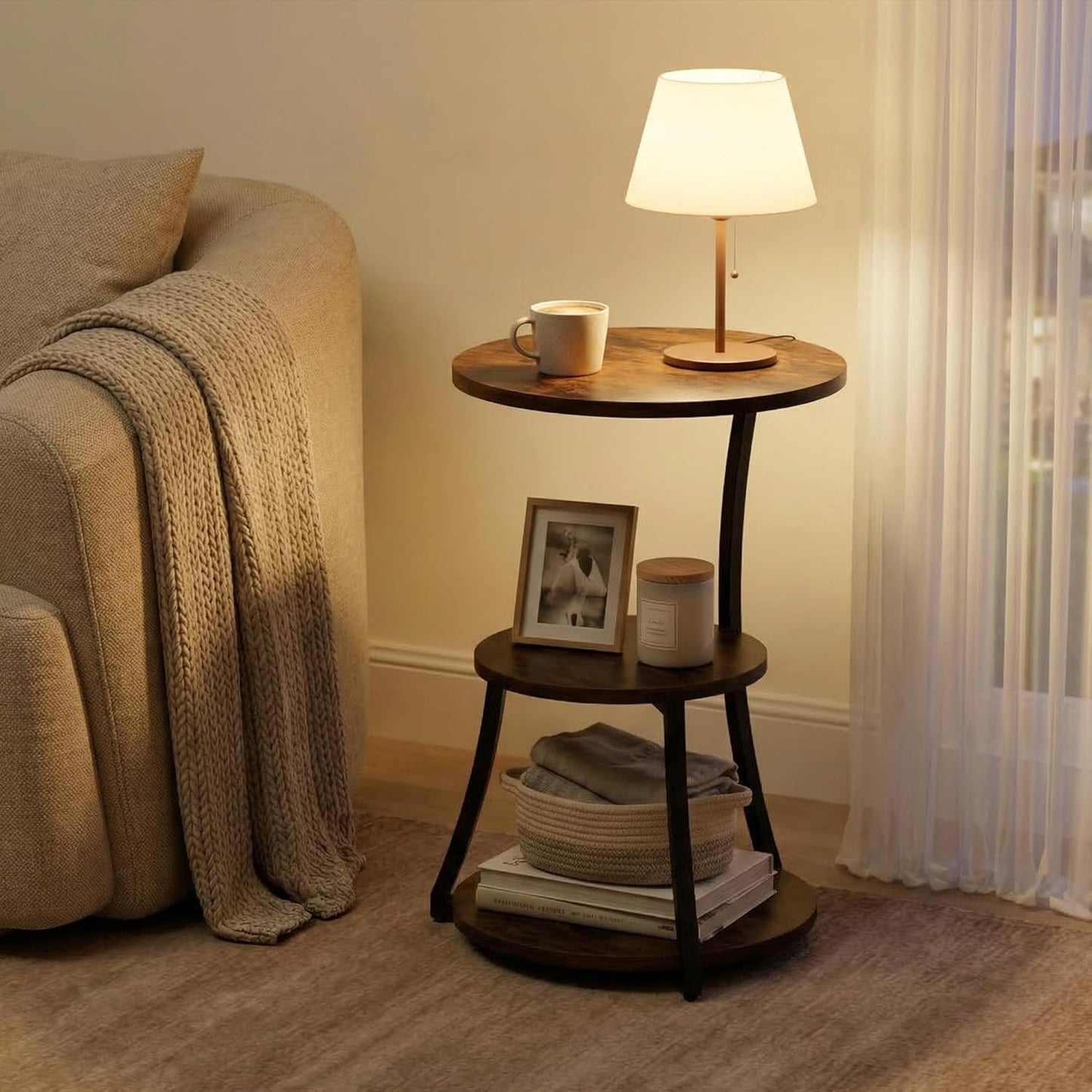 Round Side Table, 15.7" 3-Tier End Table for Living Room, Vintage Accent Table for Small Spaces with Sotage Shelf, Nightstand Wood Metal Coffee Table for Sofa Couch Bedroom, Rustic Brown, Large