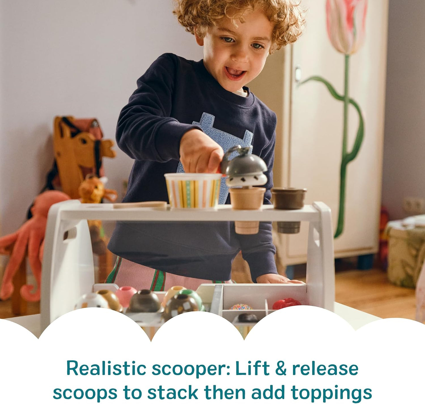 Melissa & Doug Wooden Scoop & Serve Ice Cream Counter, Pretend Play Store, 28 Toy Food & Play Kitchen Accessories, Preschool Toys for Girls & Boys 3+
