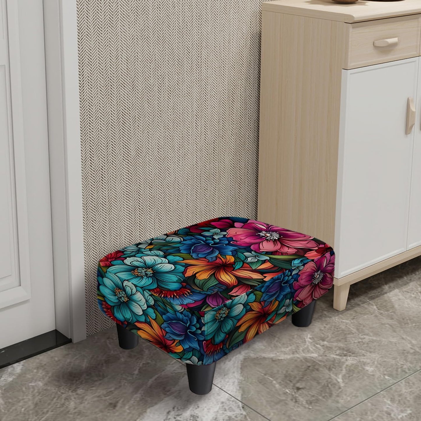 Foot Stool Linen Ottoman Foot Rest Small Footstool with Legs Vintage Floral Extra Seating for Living Room Bedroom, Flower