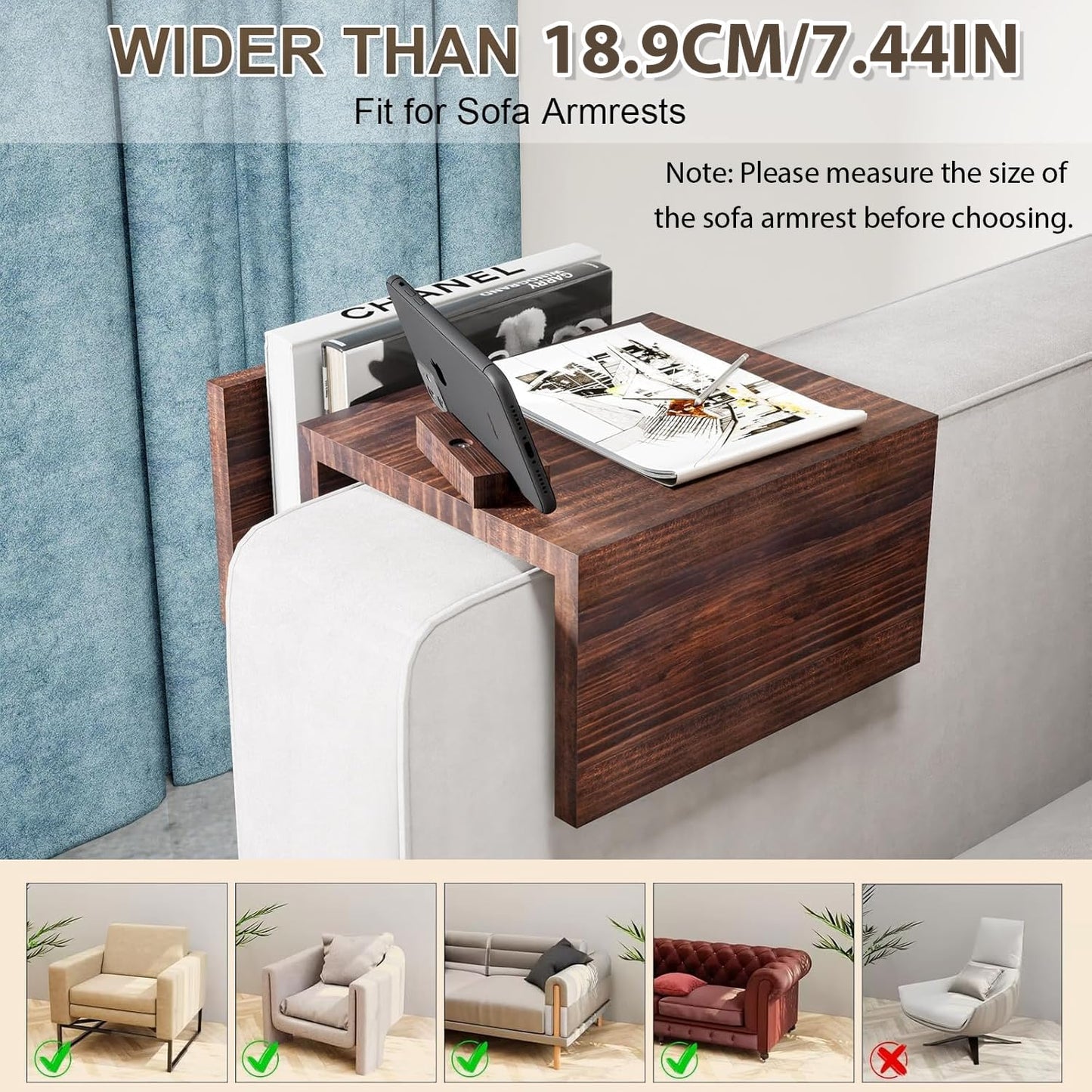Couch Arm Table Tray with 360° Phone Holder Side Storage Pocket 3 in 1 Couch Armrest Table Wooden Clip-On Sofa Arm Tray Table for Living Room TV Dinners Eating Drinks Snacks (Brown)