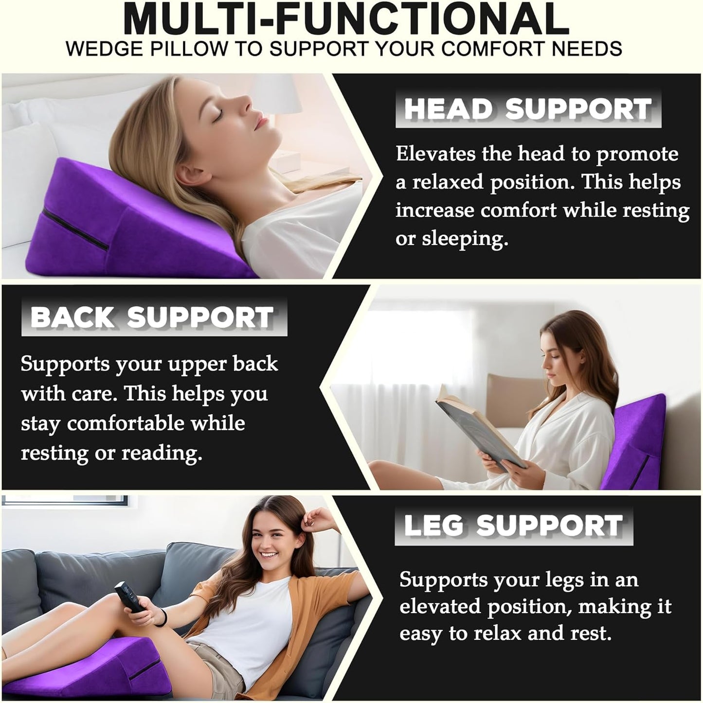 sokoro Bed Wedge Pillow for Sleeping, Triangle Pillow Wedge, Acid Reflux, Gerd, After Surgery, Back Support, Body Positioners for Pregnancy, Adults, Seniors to Elevate Head, Knee, Leg, Purple