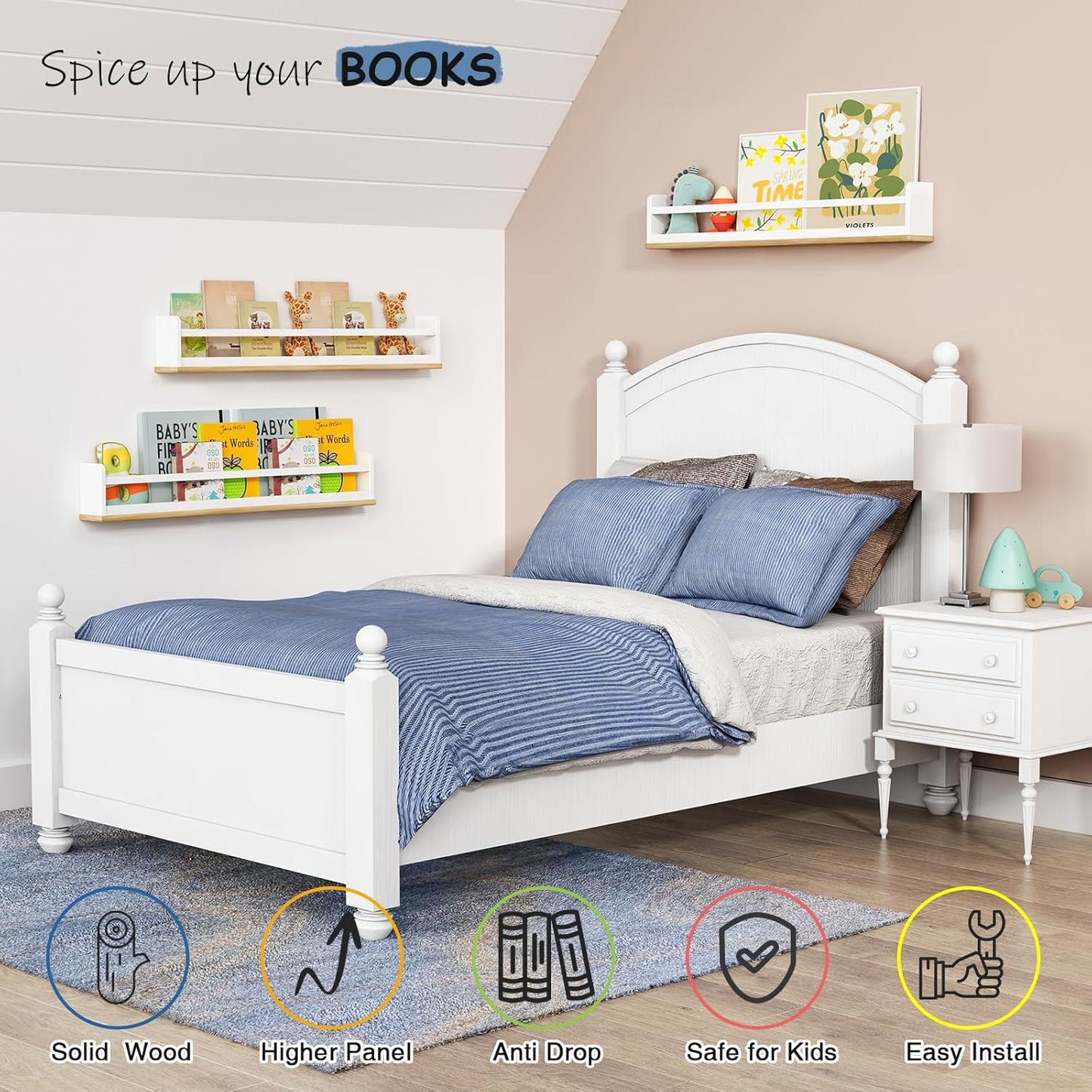 Kids Bookshelf Wall Mounted 36 Inch Long, White and Natural Wood Nursery Floating Bookshelves for Wall, Large Hanging Book Shelves for Baby Toddler Kid Childs Bedoom Playroom -Set of 3