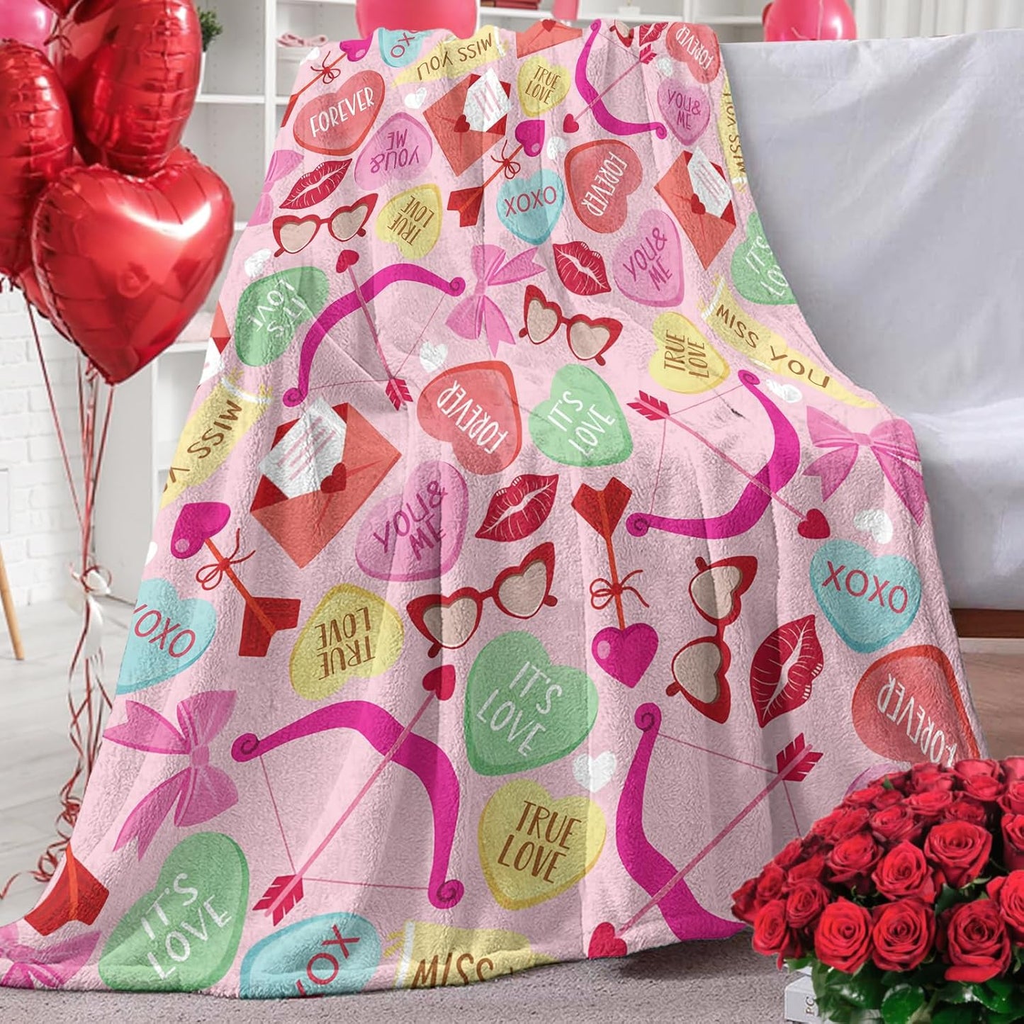 Valentines Day Flannel Throw Blanket, Colorful Cute Love Hearts Anniversary Birthday Gifts for Women Kids Lover Couples, Romantic Words Soft Blankets for Classroom School Bedding Sofa 50" x 60"