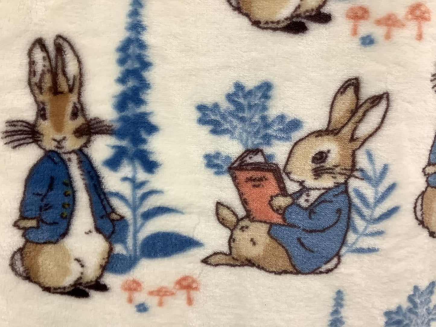 Frederick Warne & Co. Peter Bunny Rabbit Easter Throw Blanket, Off White - Peter Reading, Blue Botanical & Orange Toadstools, 50" x 70"