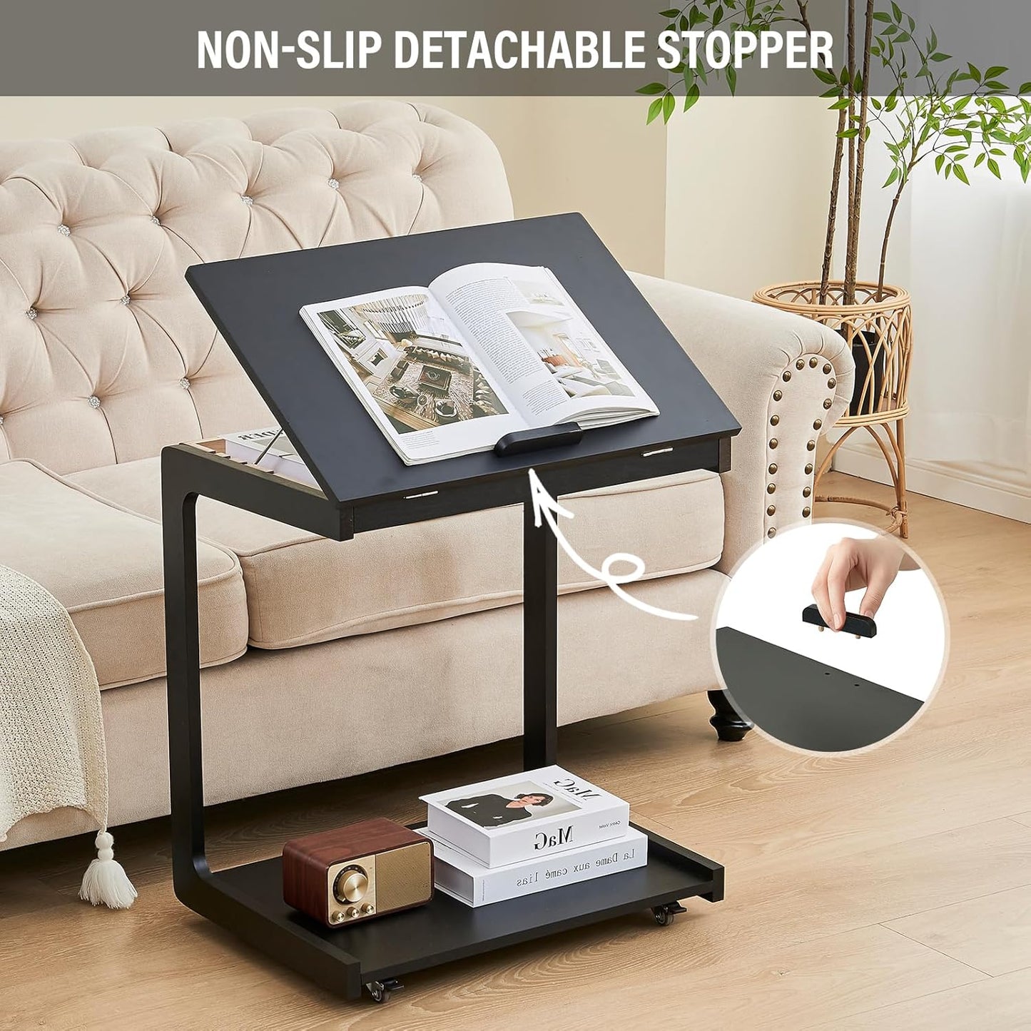 Black Side Table - C Shaped End Table for Couch, Wooden Small Black End Table for Living Room, Couch Tables That Slide Under Sofa, Rolling Side Table with Wheels for Bedroom, Sofa Tray for Laptop